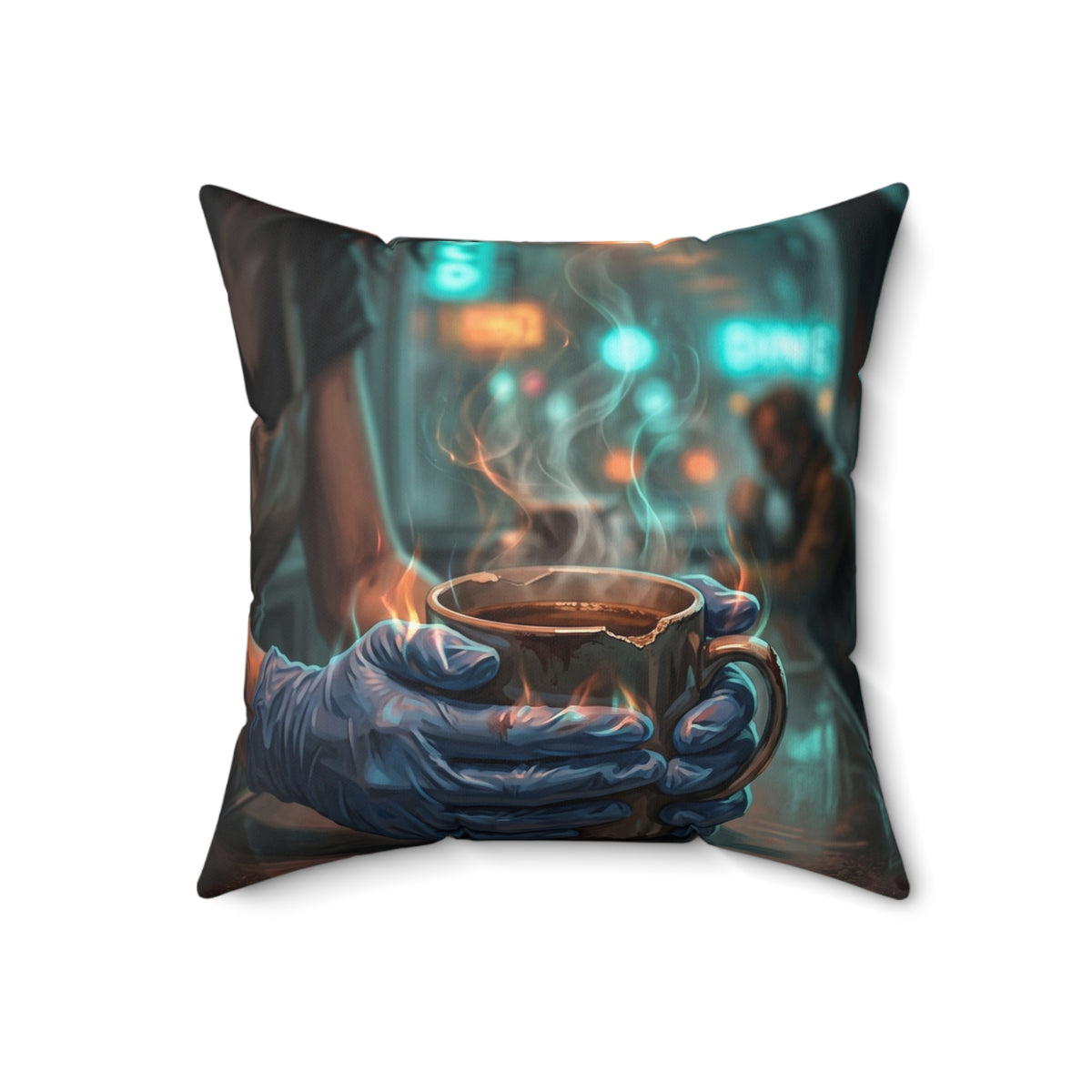 Cold Hands Warm Cup Throw Pillow - Cozy Noir Diner Accent Cushion