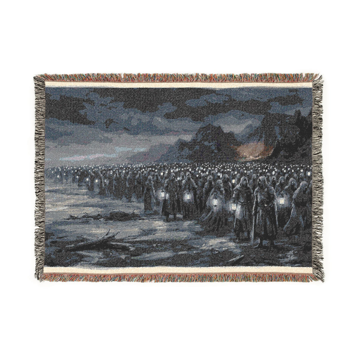 Lantern-Lit Coastal Woven Blanket — Gothic Shore Night Throw