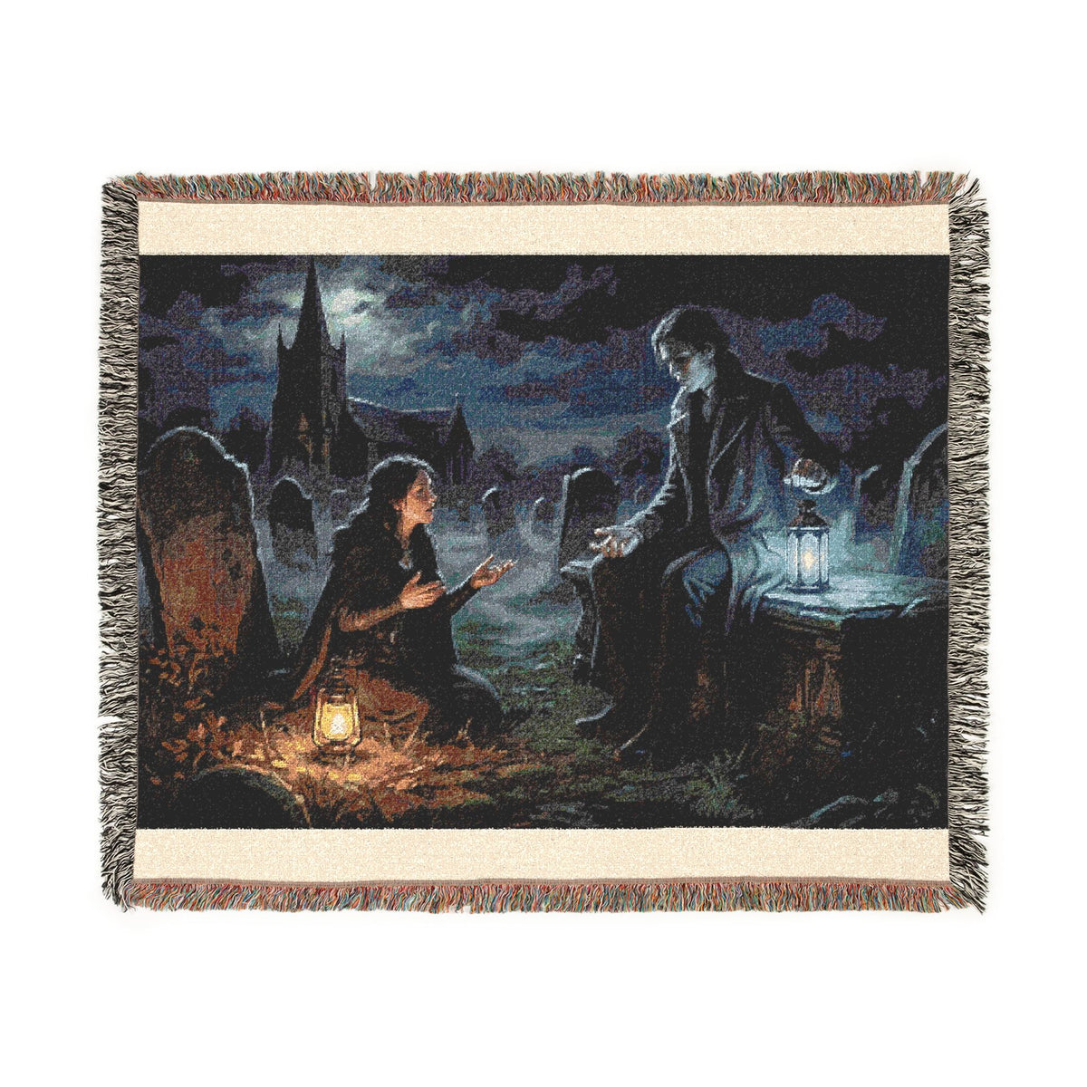 Gothic Night Woven Blanket — Moonlit Cemetery Scene Throw