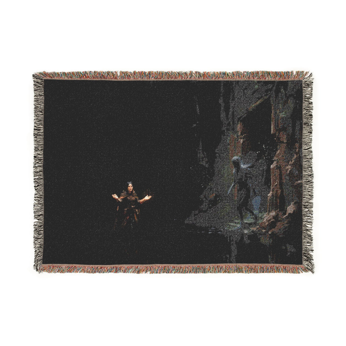 Night Forest Woven Blanket — Cozy Dark Woodland Throw with Subtle Lantern Glow