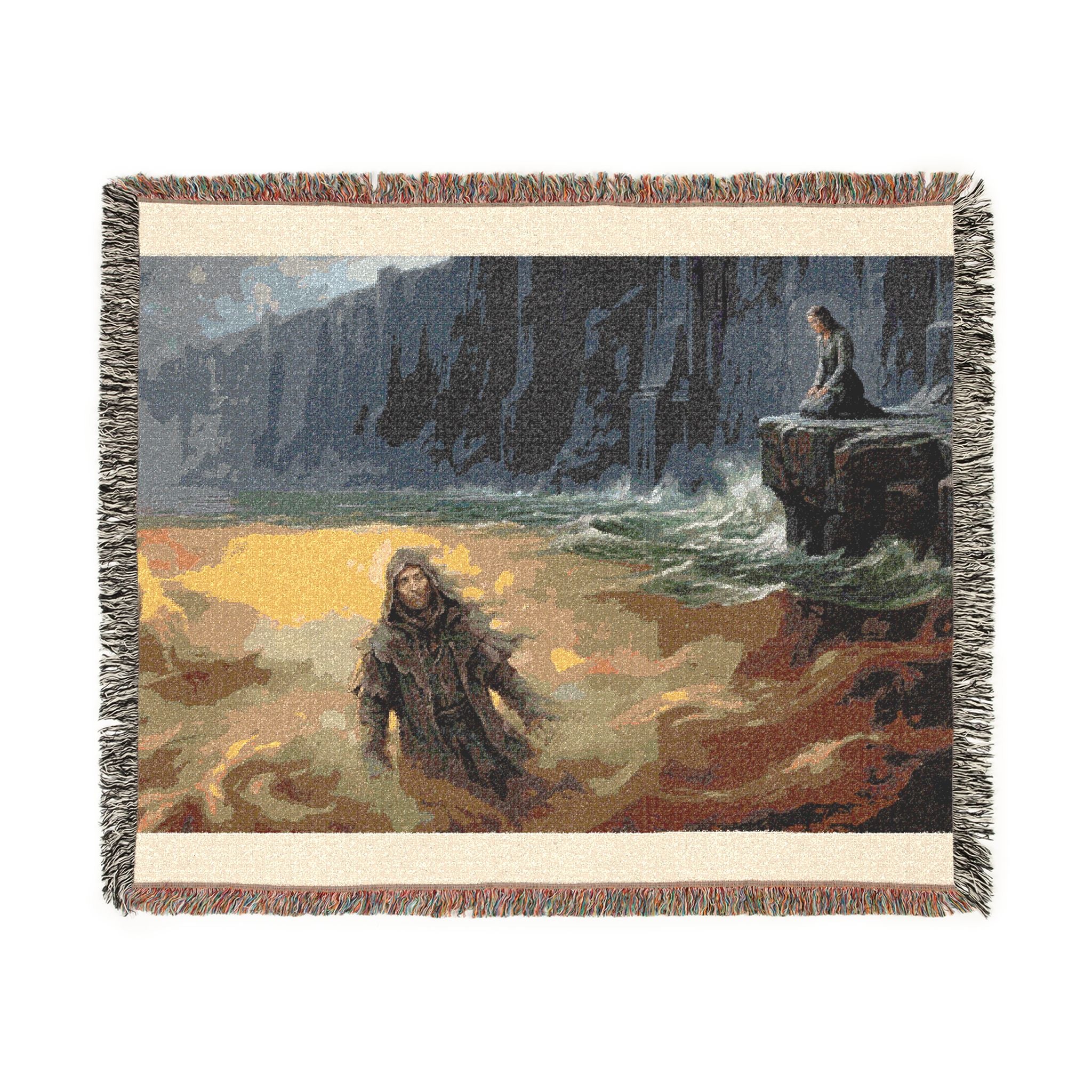 Mythic Sea Woven Blanket — Odin and Valkyrie Nordic Landscape Throw