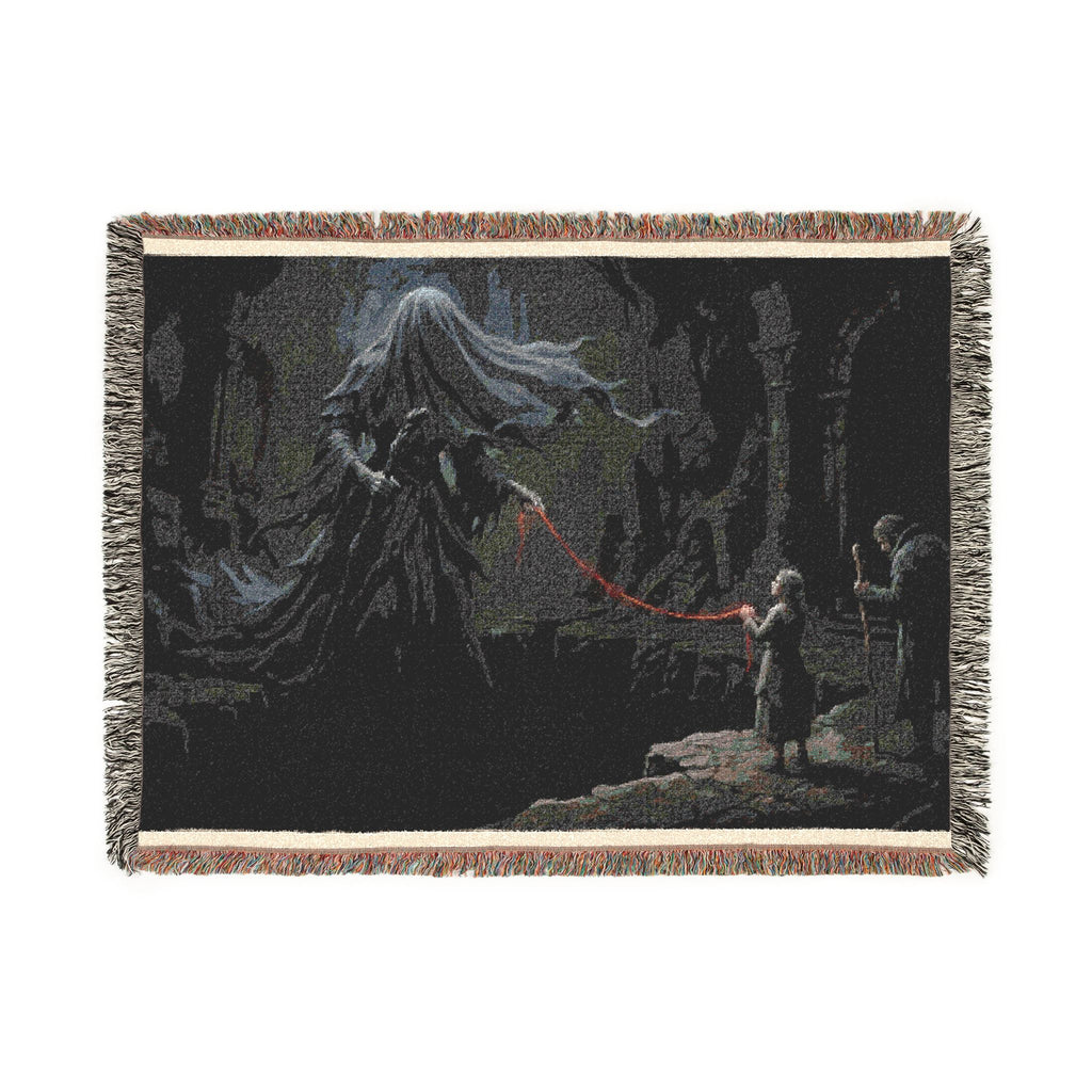 Gothic Forest Woven Blanket – Haunted Hooded Figure Throw for Dark Fantasy Fans