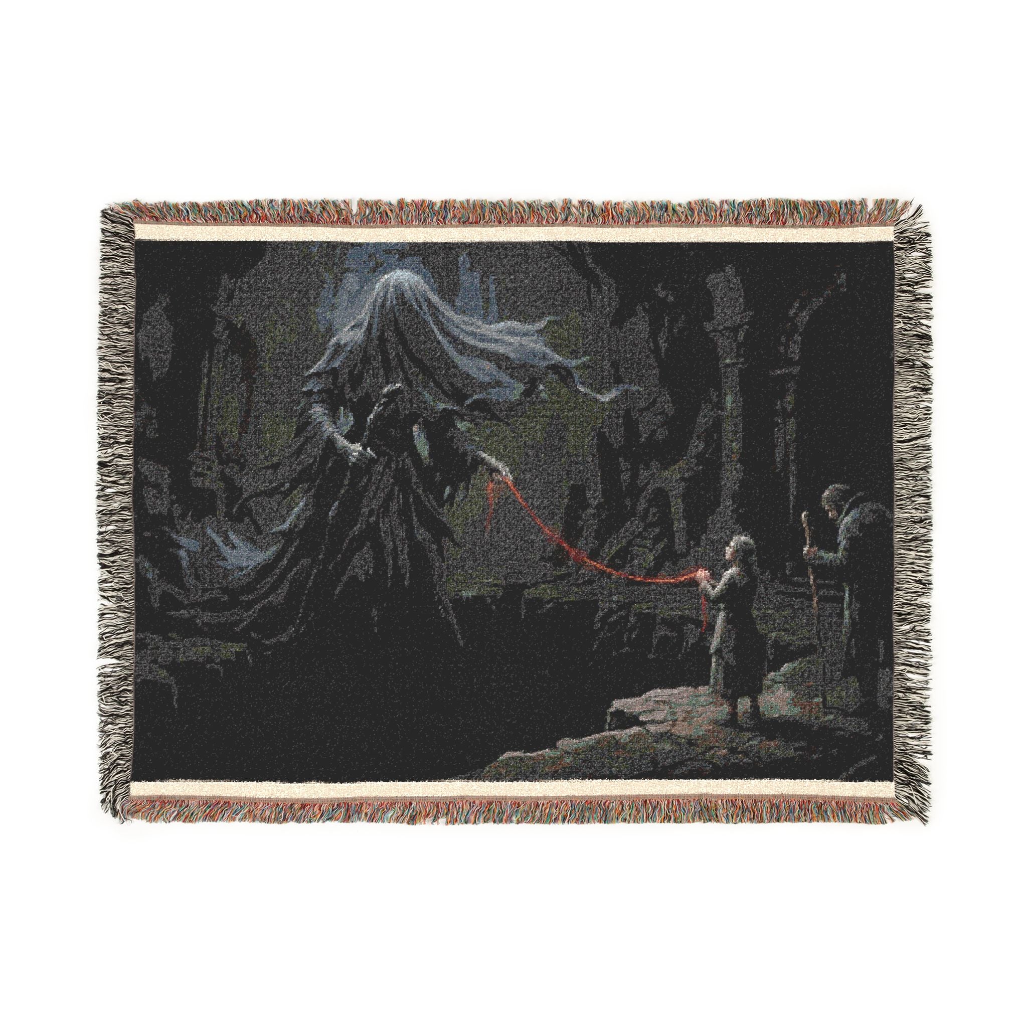 Gothic Forest Woven Blanket – Haunted Hooded Figure Throw for Dark Fantasy Fans