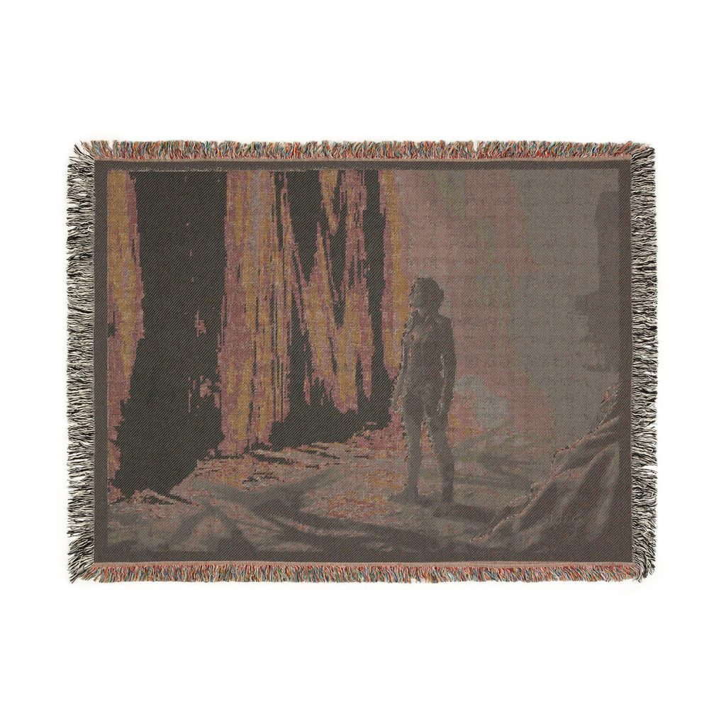 Adventure Scene Woven Blanket — Explorer Silhouette by Waterfall/Volcano