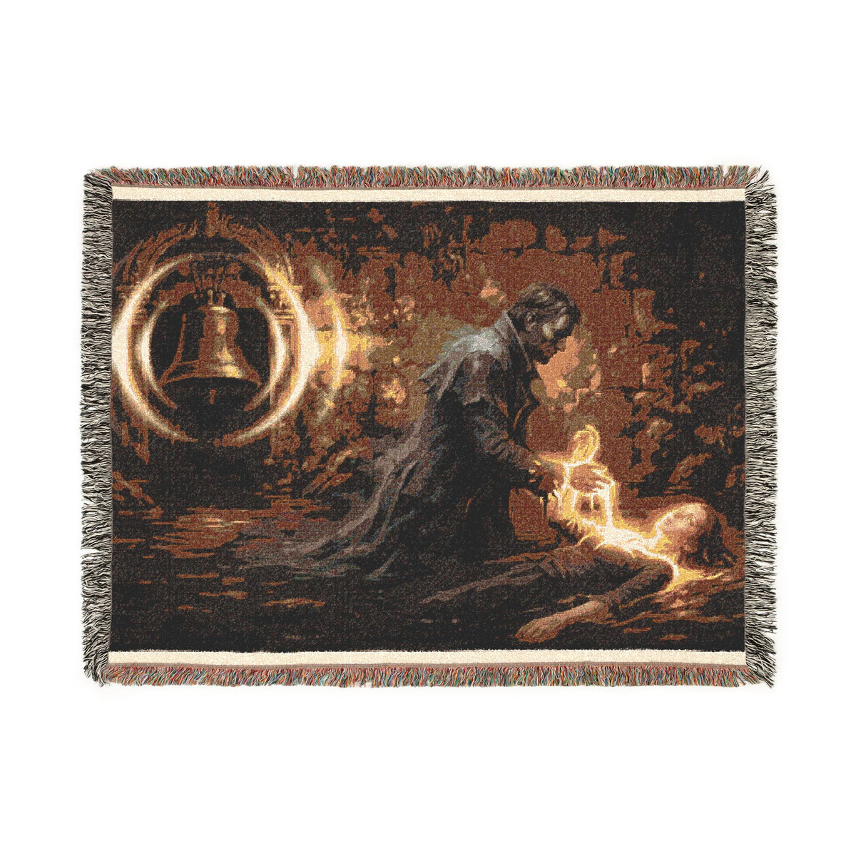 Mystic Bell Woven Blanket — Celtic Raven & Fire Tapestry Throw