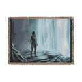 Adventure Scene Woven Blanket — Explorer Silhouette by Waterfall/Volcano