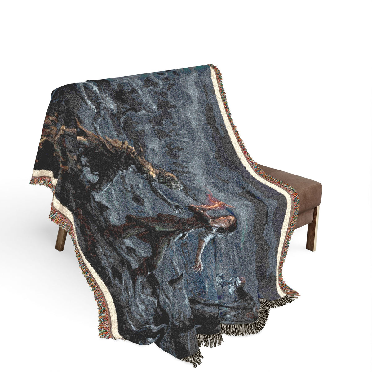 Torchlit Shore Woven Blanket — Misty Night Figures Gothic Throw