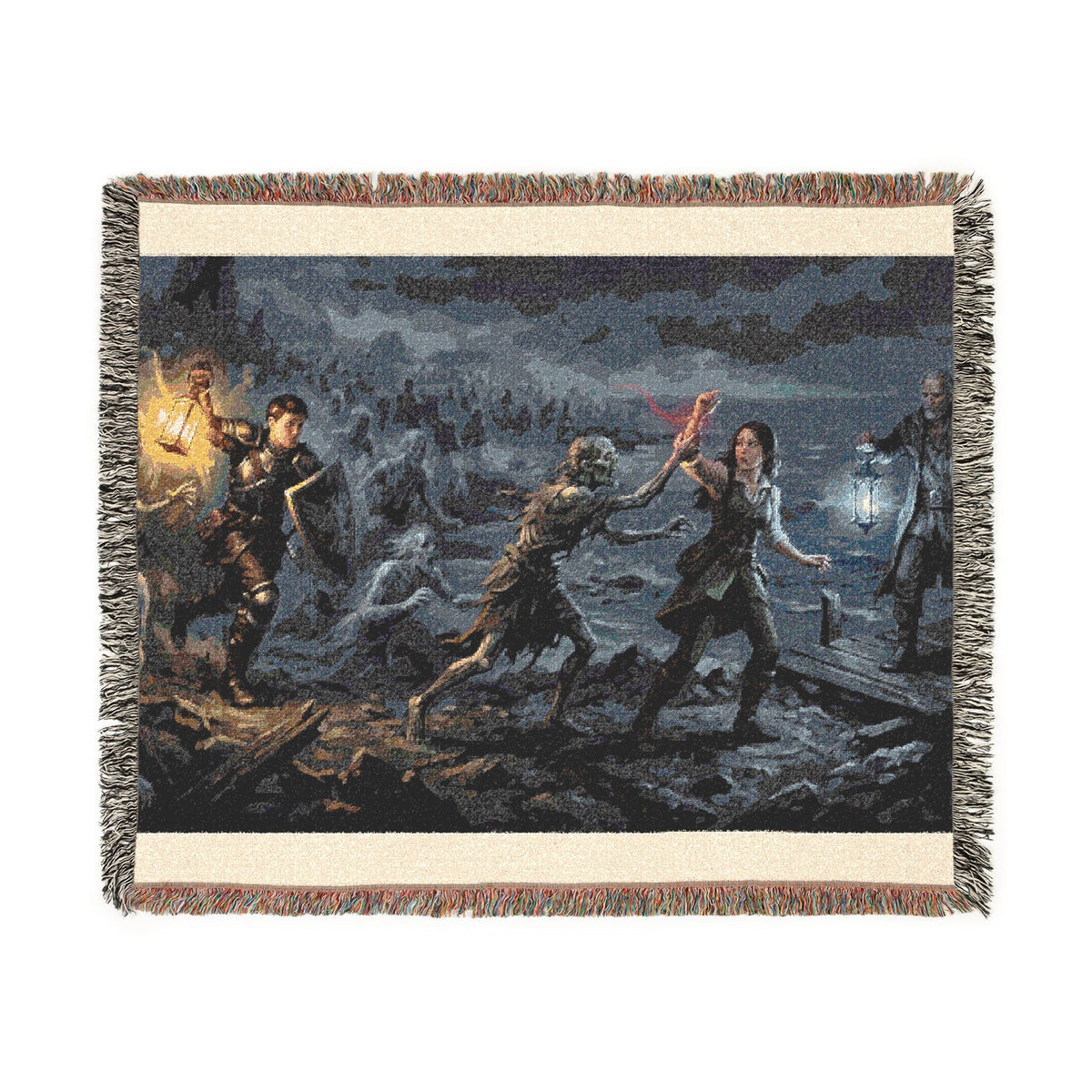 Torchlit Shore Woven Blanket — Misty Night Figures Gothic Throw