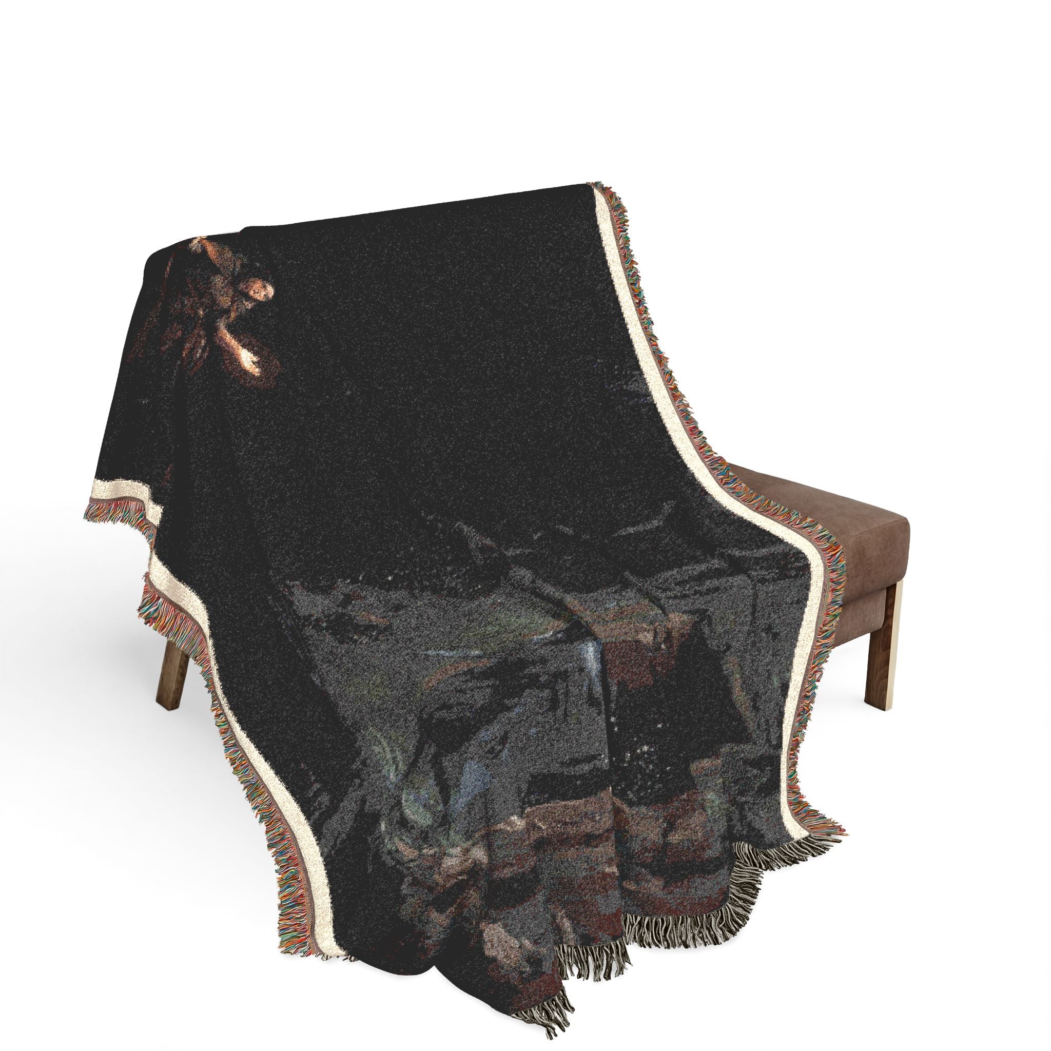 Night Forest Woven Blanket — Cozy Dark Woodland Throw with Subtle Lantern Glow