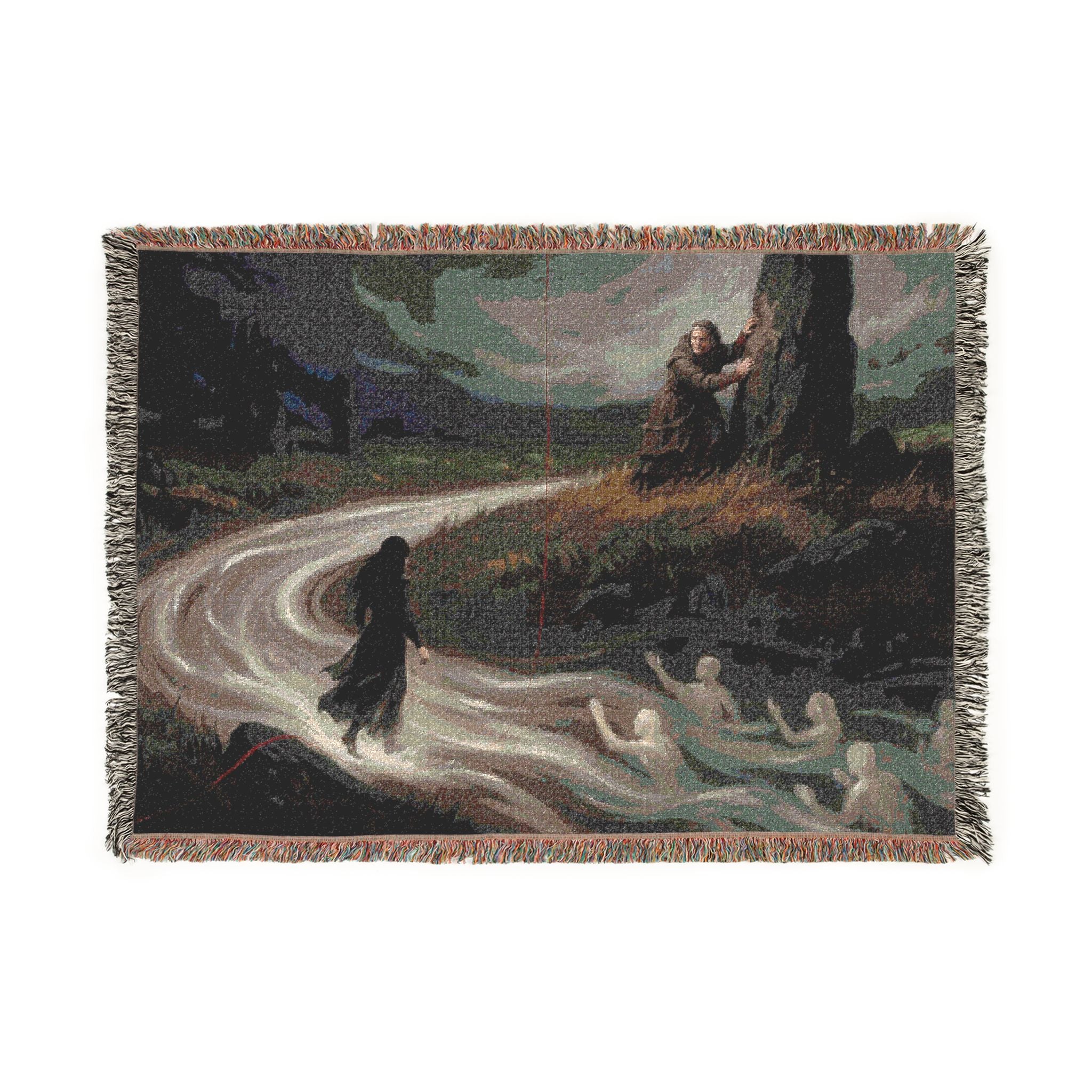 Woven Throw Blanket — Serene River Folklore Scene, Cozy Decorative Accent