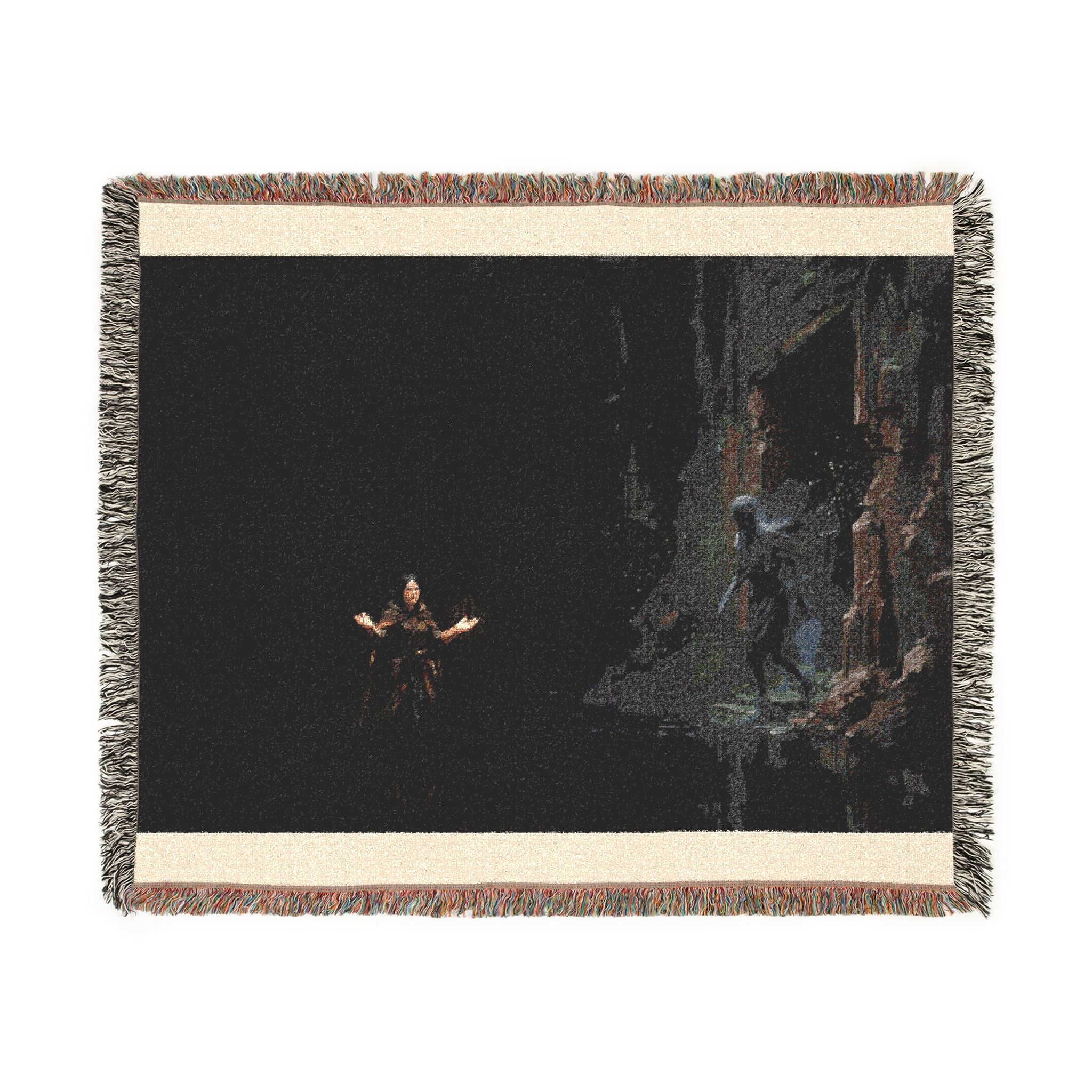 Night Forest Woven Blanket — Cozy Dark Woodland Throw with Subtle Lantern Glow