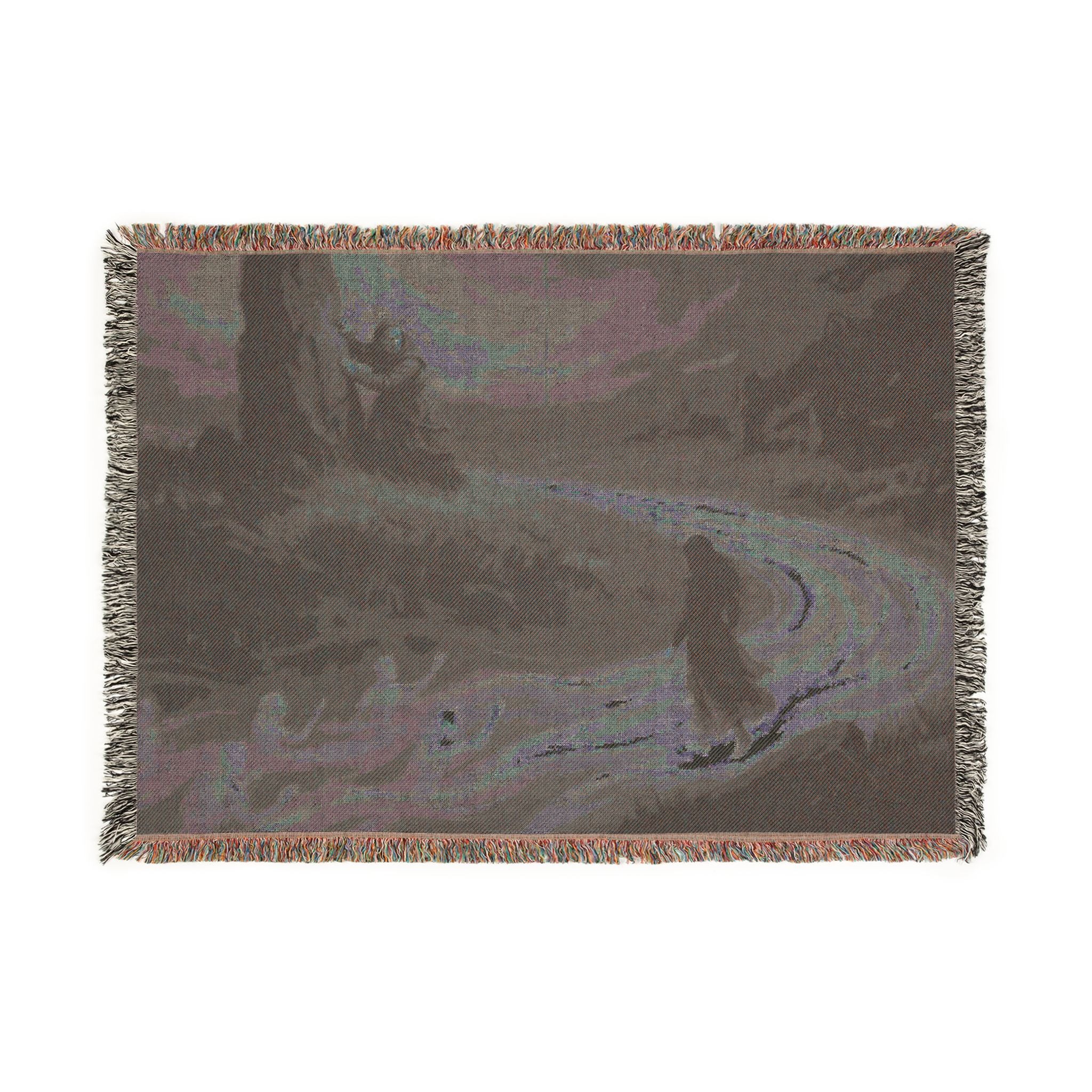 Woven Throw Blanket — Serene River Folklore Scene, Cozy Decorative Accent