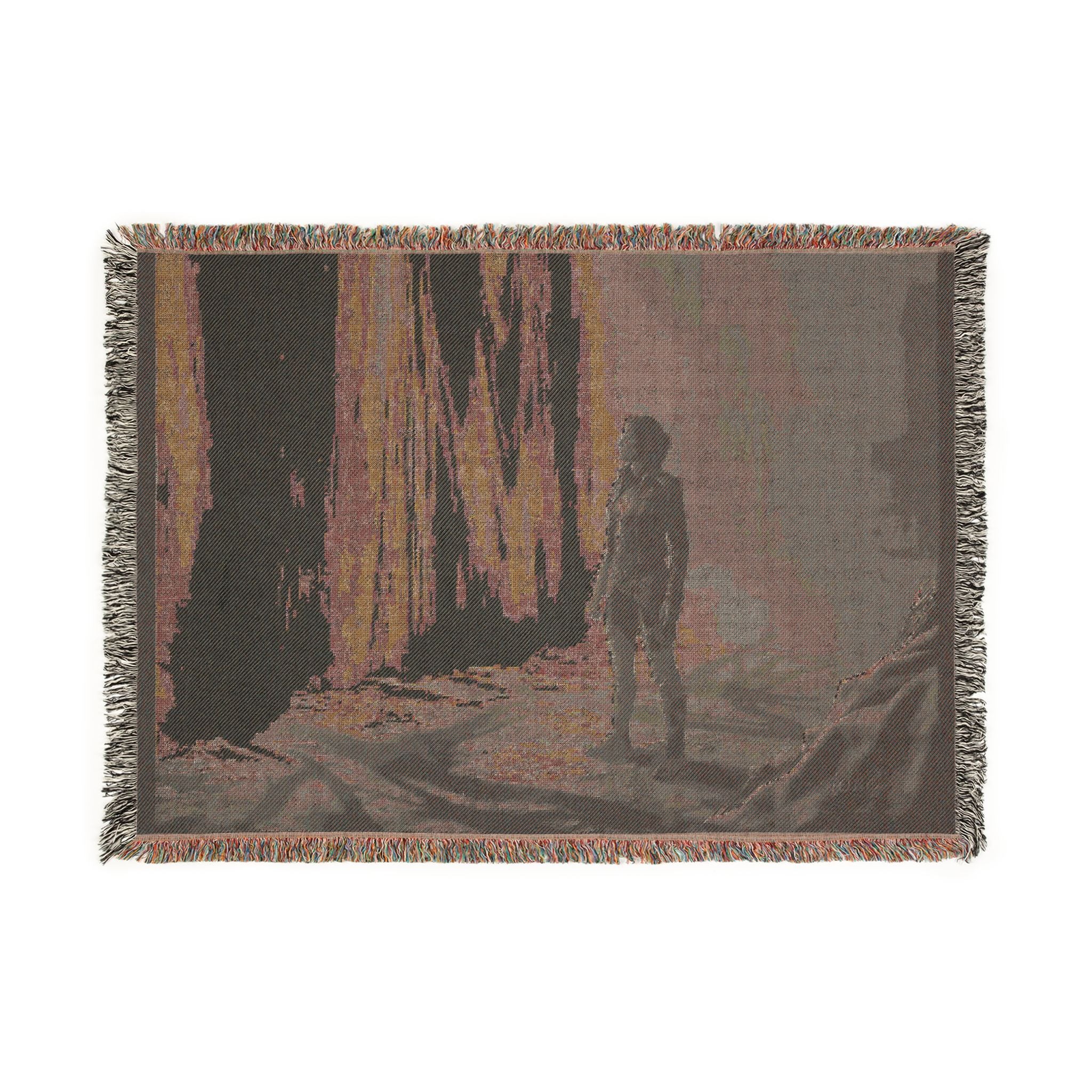 Adventure Scene Woven Blanket — Explorer Silhouette by Waterfall/Volcano