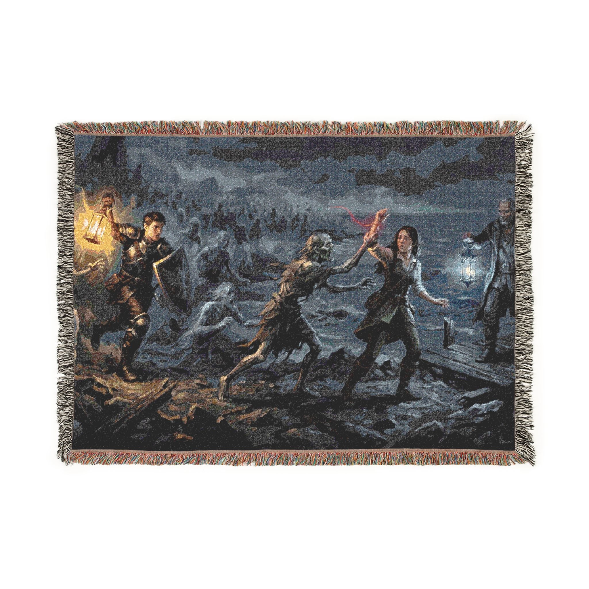 Torchlit Shore Woven Blanket — Misty Night Figures Gothic Throw