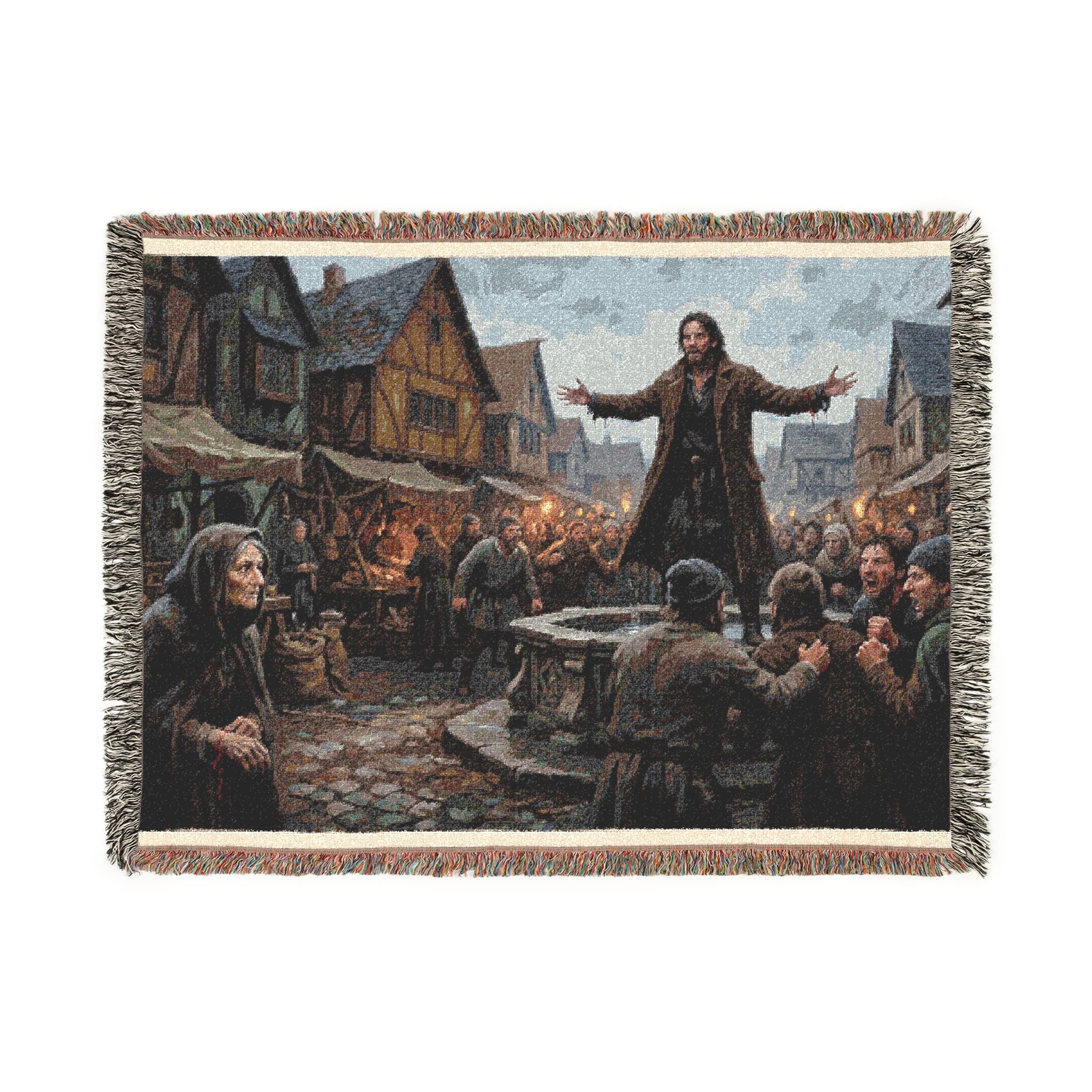 Medieval Town Woven Blanket — Renaissance Dark Fantasy Throw