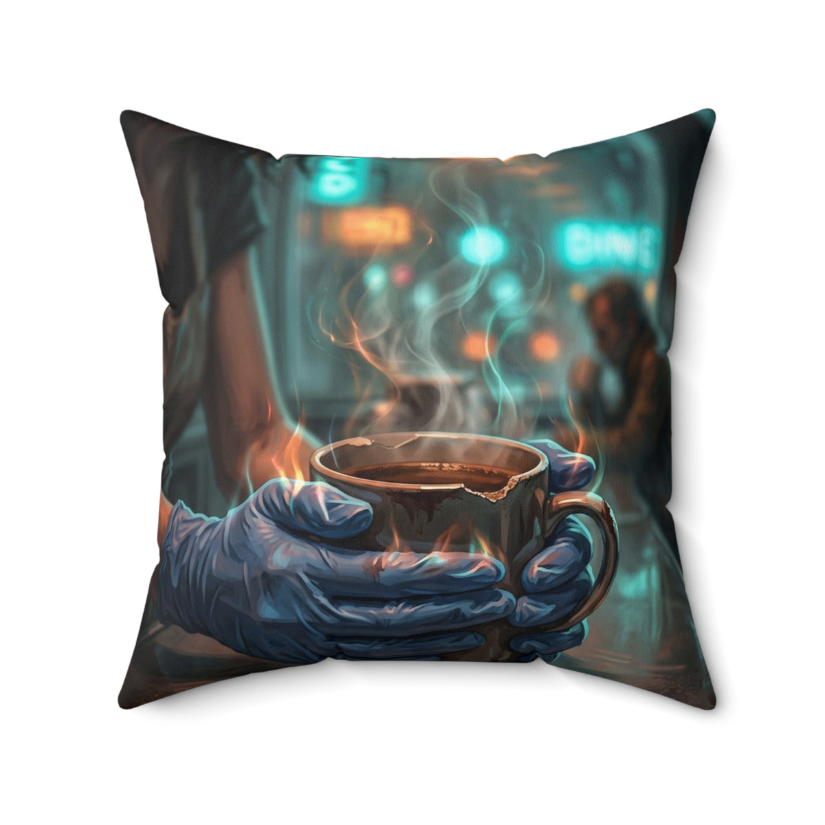 Cold Hands Warm Cup Throw Pillow - Cozy Noir Diner Accent Cushion