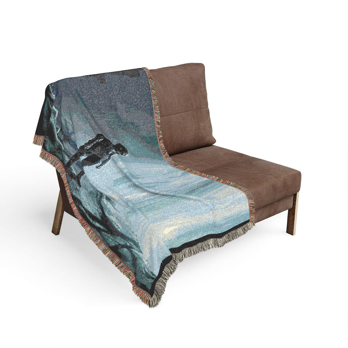 Adventure Scene Woven Blanket — Explorer Silhouette by Waterfall/Volcano