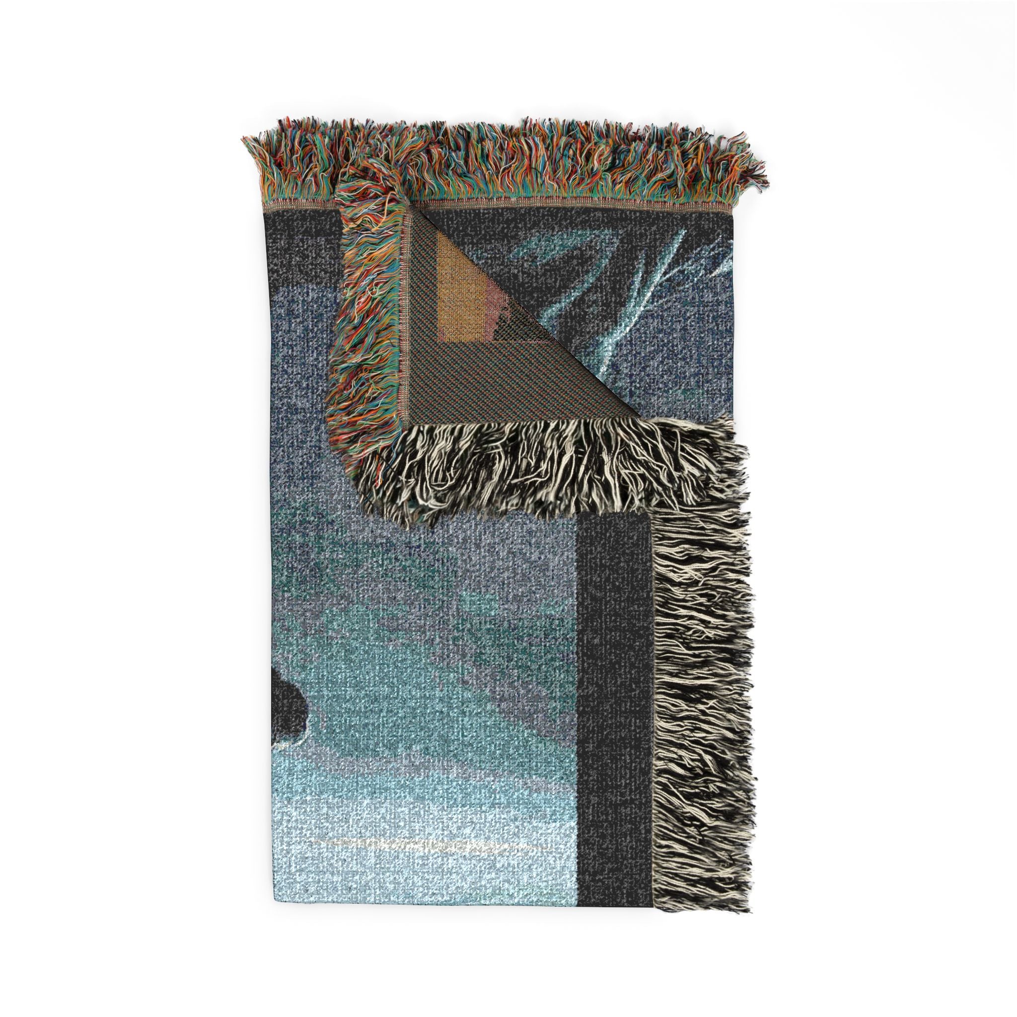 Adventure Scene Woven Blanket — Explorer Silhouette by Waterfall/Volcano