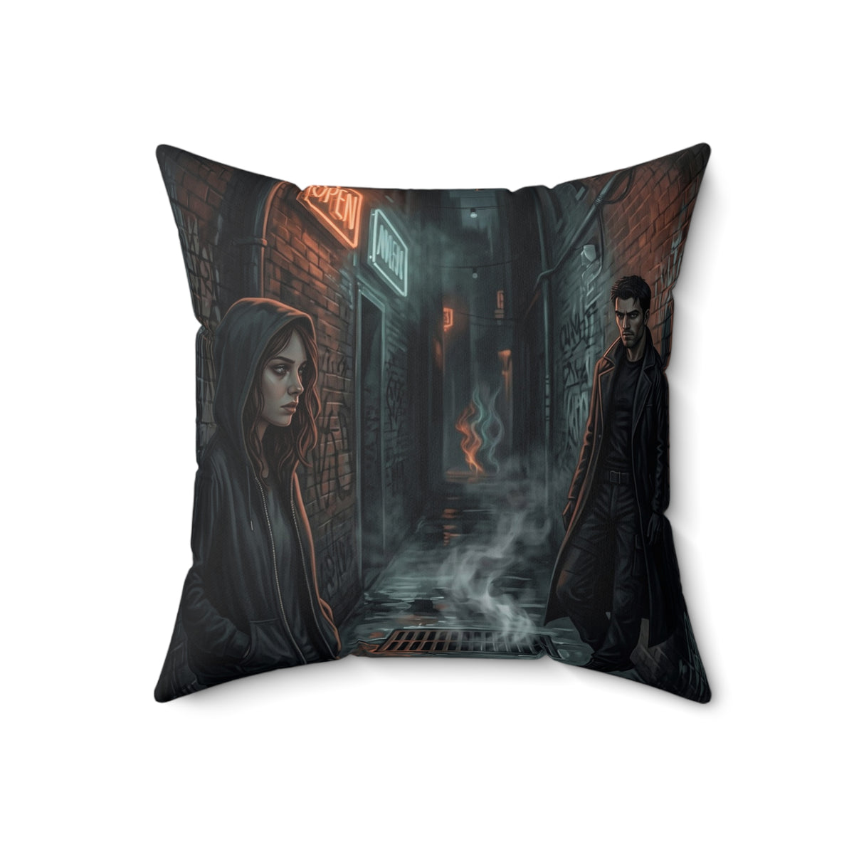 The Hunters Alley Throw Pillow - Neon Noir Dark Romance Accent Cushion