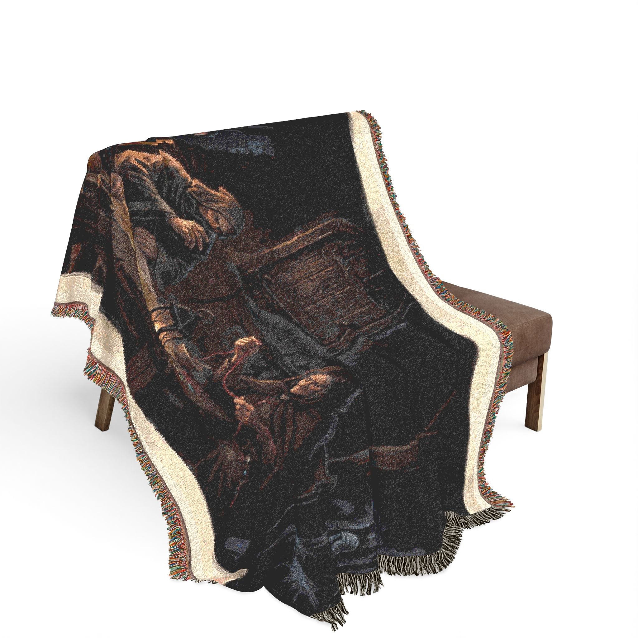 Firelit Reading Woven Blanket — Rustic Cabin Vintage Throw