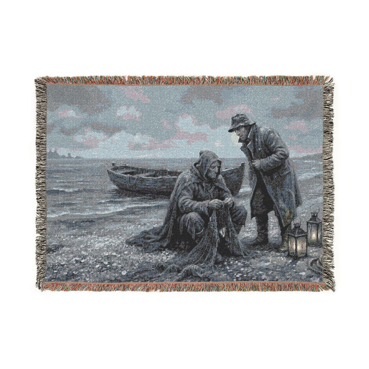 Coastal Fishermen Woven Throw Blanket — Vintage Seaside Nautical Decor