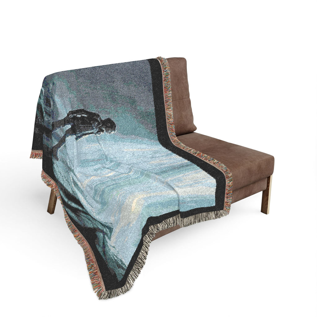 Adventure Scene Woven Blanket — Explorer Silhouette by Waterfall/Volcano