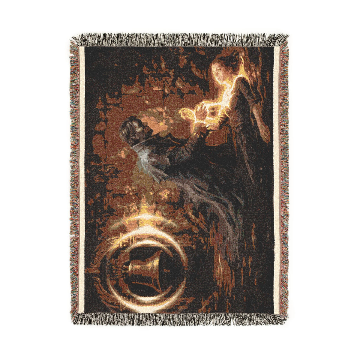 Mystic Bell Woven Blanket — Celtic Raven & Fire Tapestry Throw