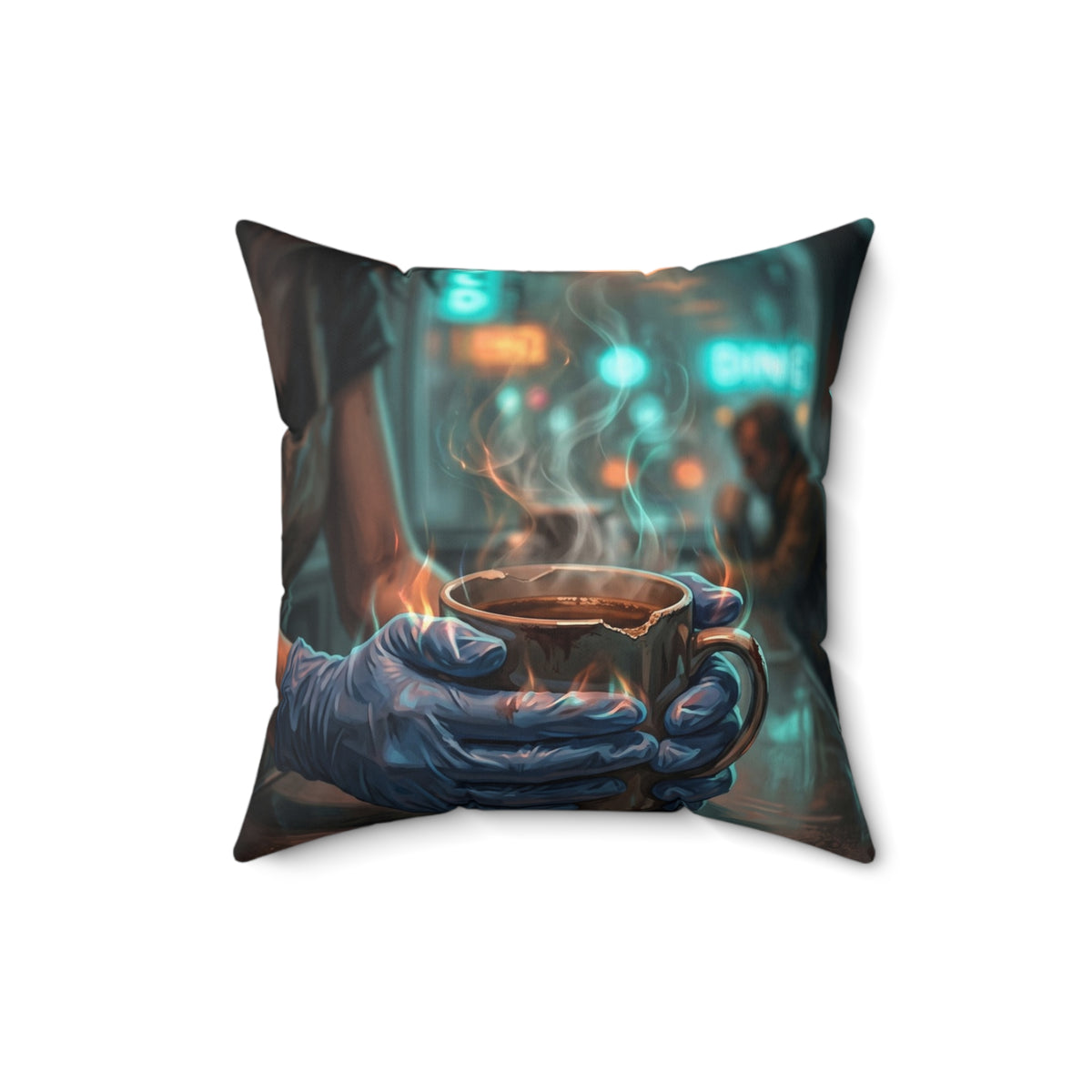 Cold Hands Warm Cup Throw Pillow - Cozy Noir Diner Accent Cushion