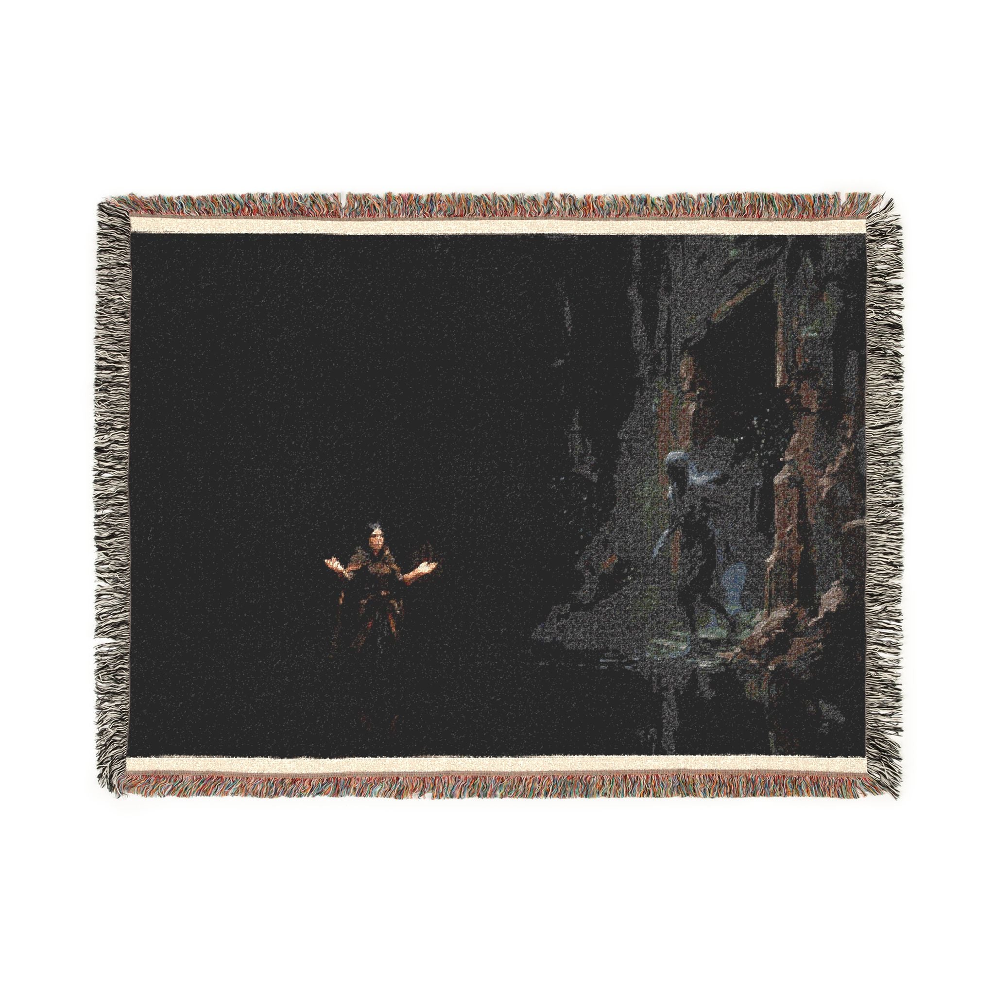 Night Forest Woven Blanket — Cozy Dark Woodland Throw with Subtle Lantern Glow