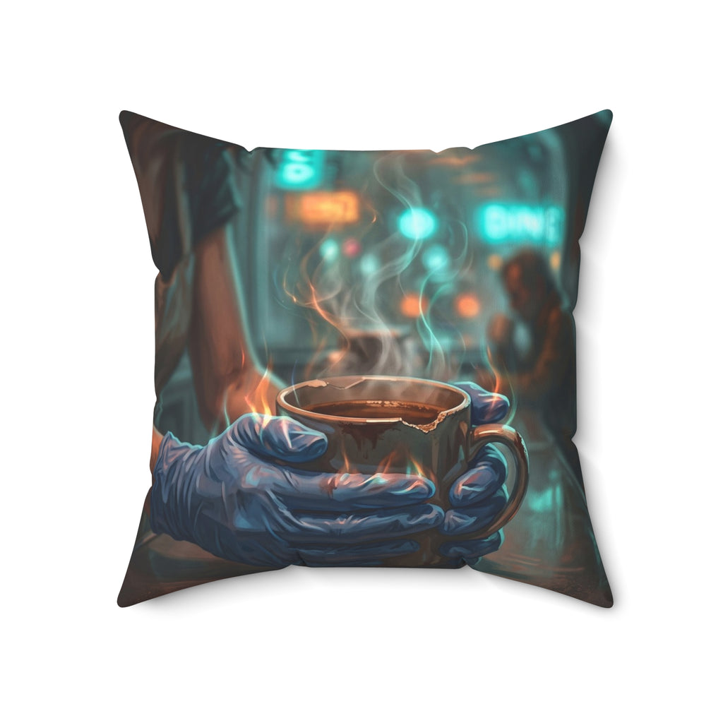 Cold Hands Warm Cup Throw Pillow - Cozy Noir Diner Accent Cushion