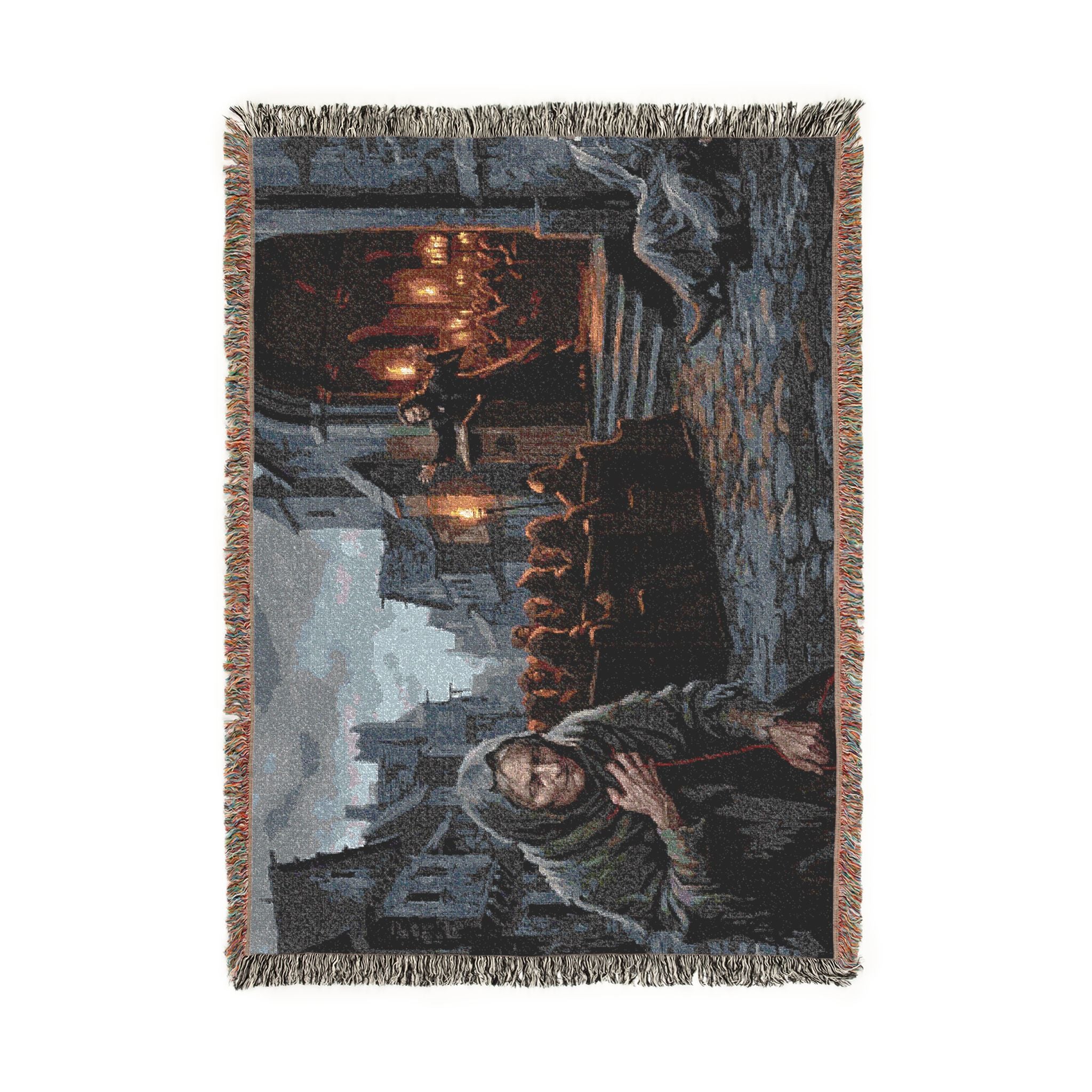 Lantern-Lit Streets Woven Blanket — Hooded Wanderer Medieval Night Throw