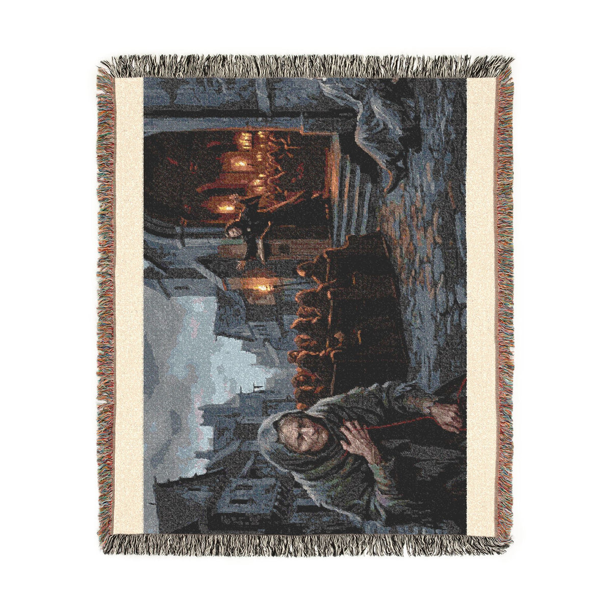 Lantern-Lit Streets Woven Blanket — Hooded Wanderer Medieval Night Throw