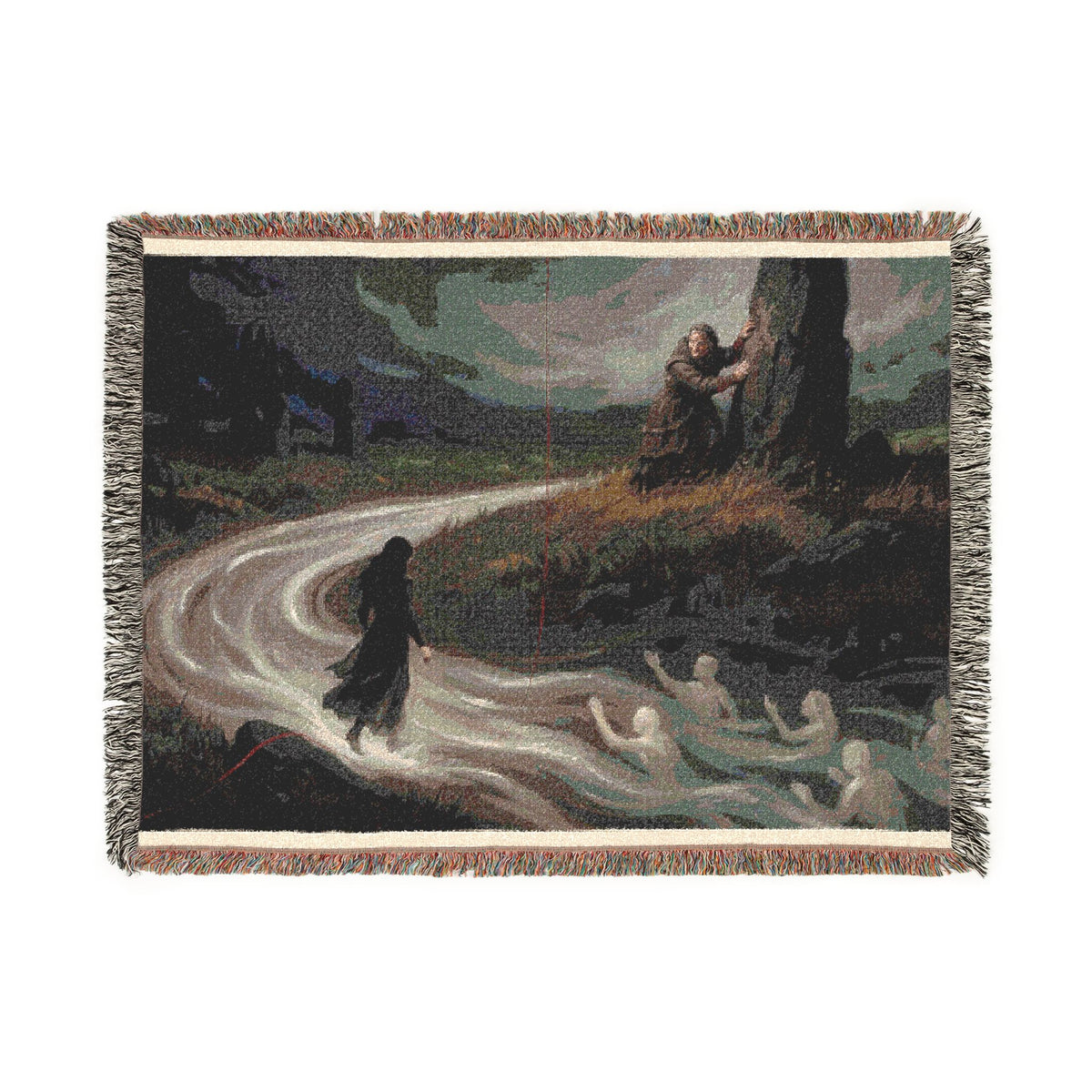 Woven Throw Blanket — Serene River Folklore Scene, Cozy Decorative Accent