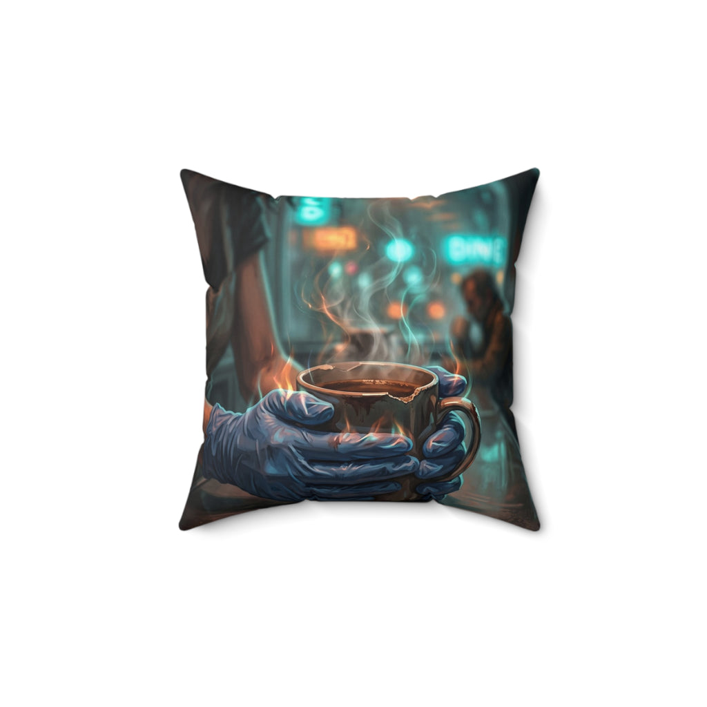 Cold Hands Warm Cup Throw Pillow - Cozy Noir Diner Accent Cushion