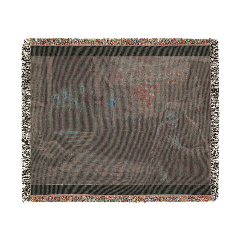 Lantern-Lit Streets Woven Blanket — Hooded Wanderer Medieval Night Throw