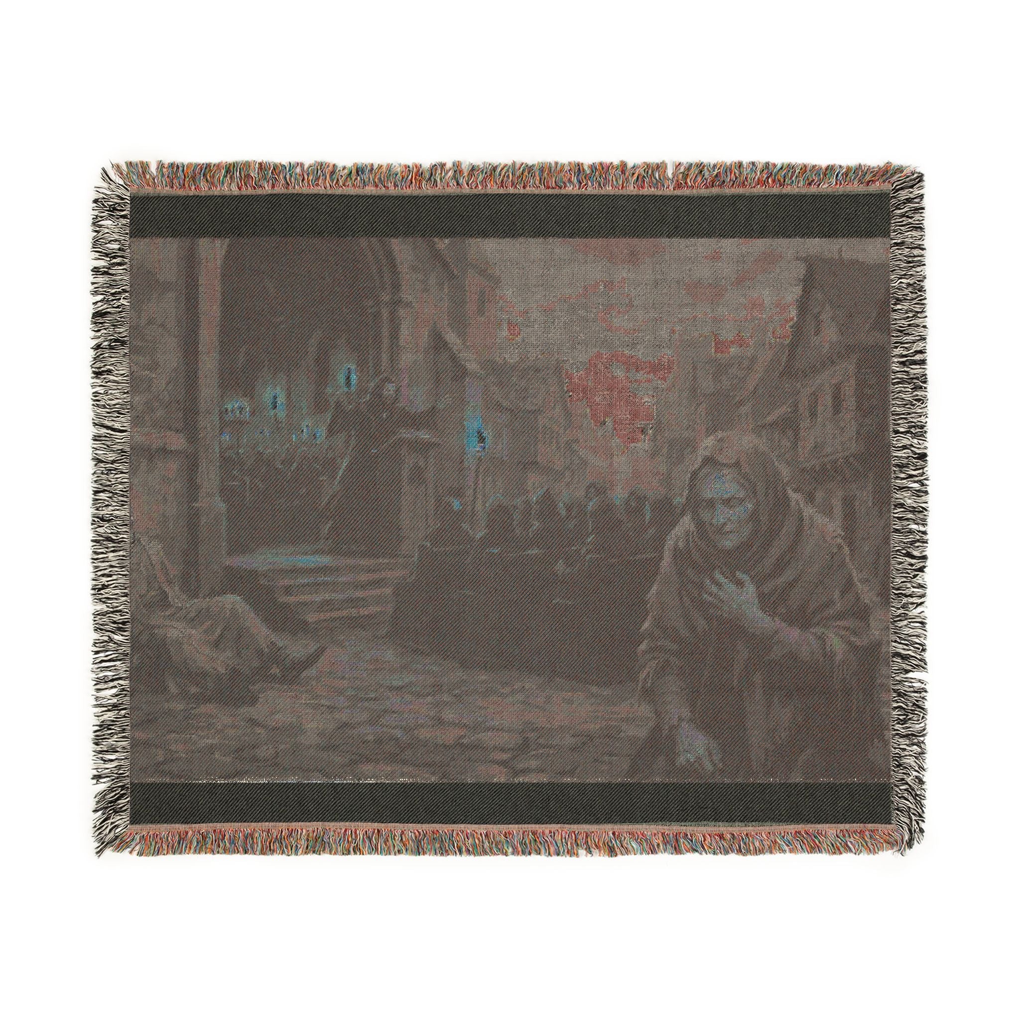 Lantern-Lit Streets Woven Blanket — Hooded Wanderer Medieval Night Throw