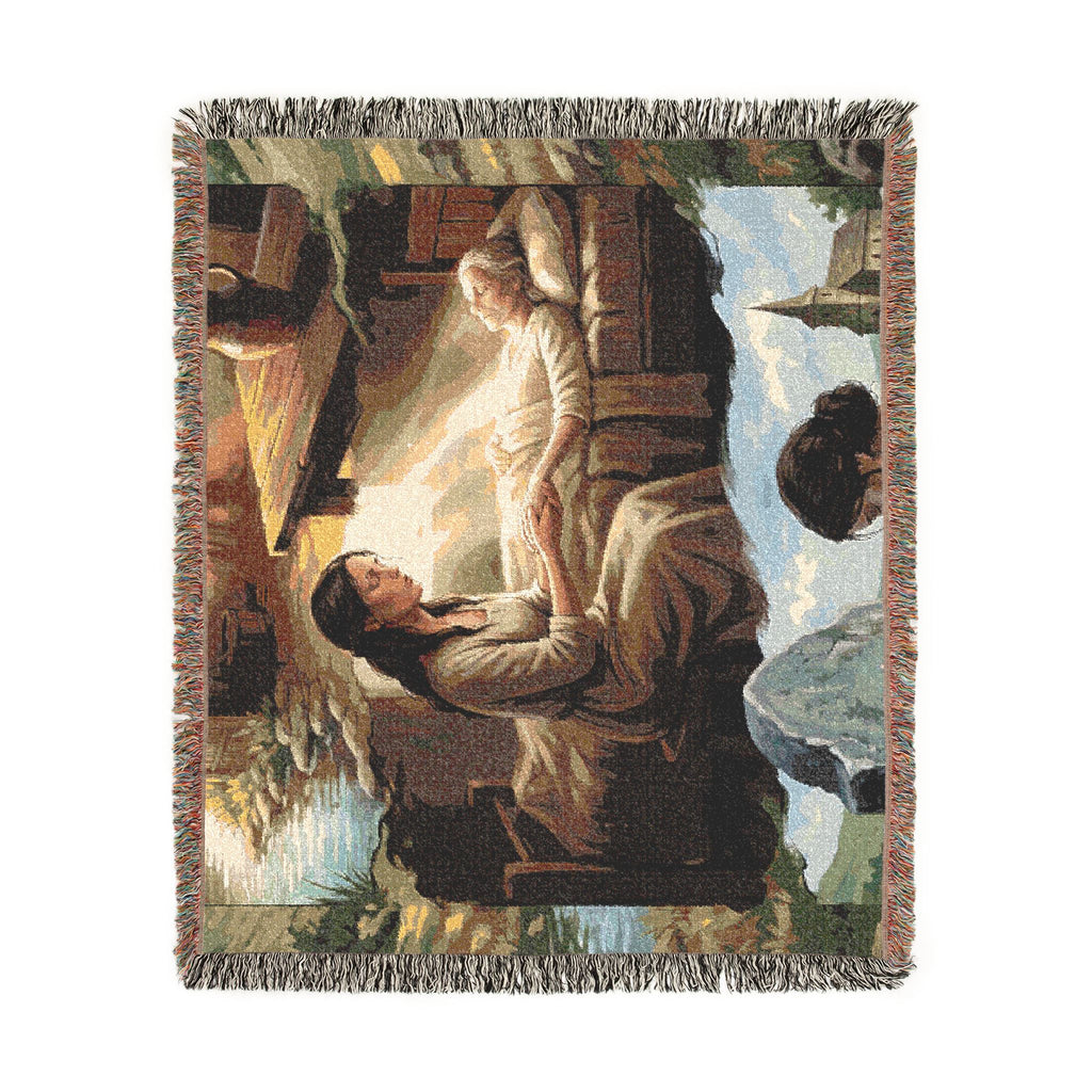 Religious Nativity Woven Blanket — Mary & Baby Jesus Tapestry Throw
