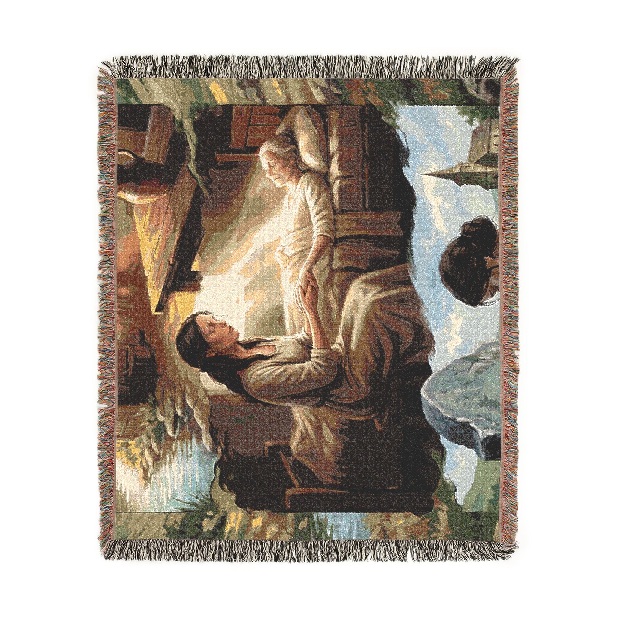 Religious Nativity Woven Blanket — Mary & Baby Jesus Tapestry Throw