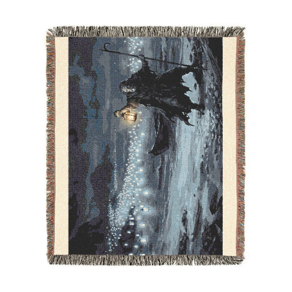 Grim Reaper Lantern Woven Blanket — Gothic Night Cemetery Throw