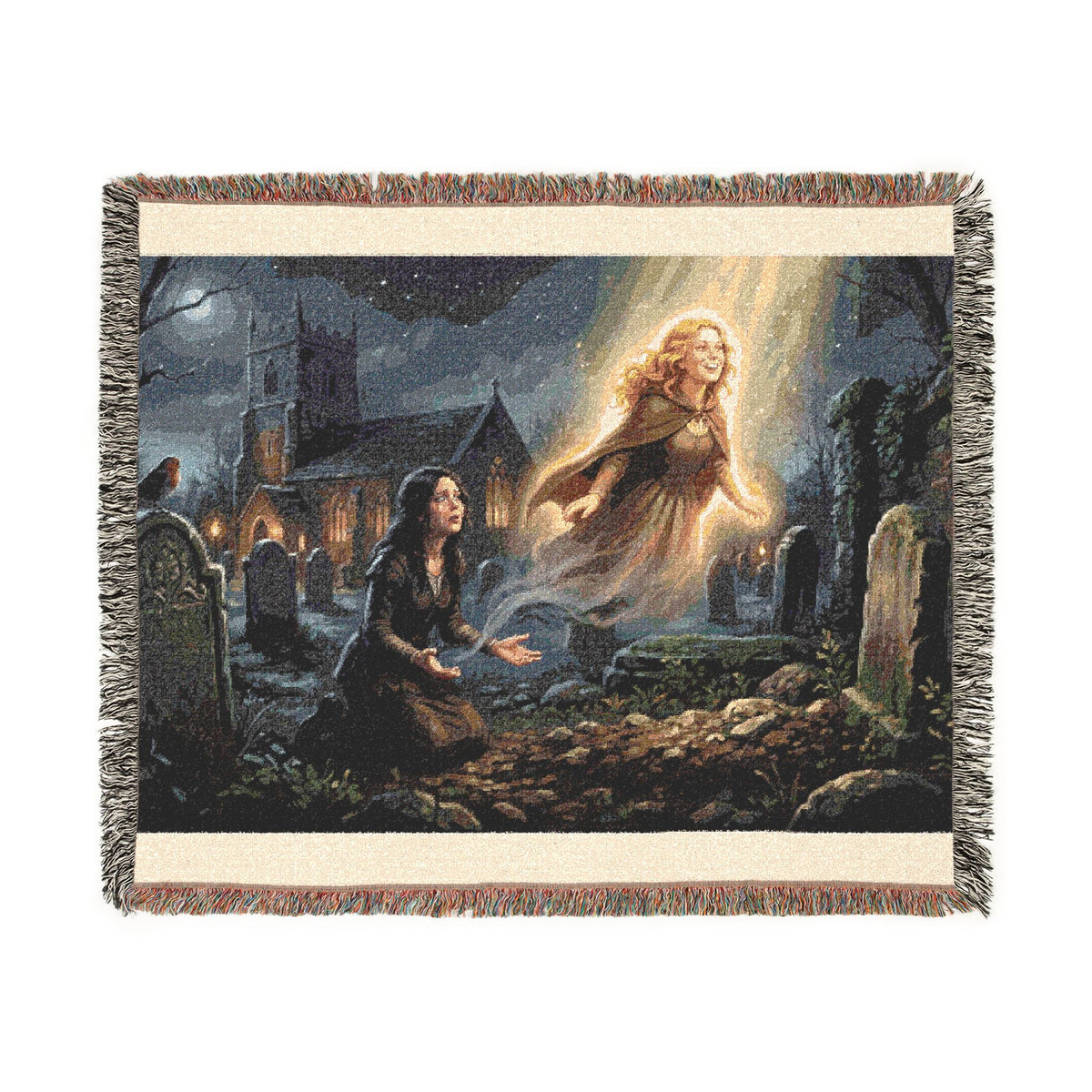 Ghostly Reunion Woven Blanket — Gothic Angel & Graveyard Throw