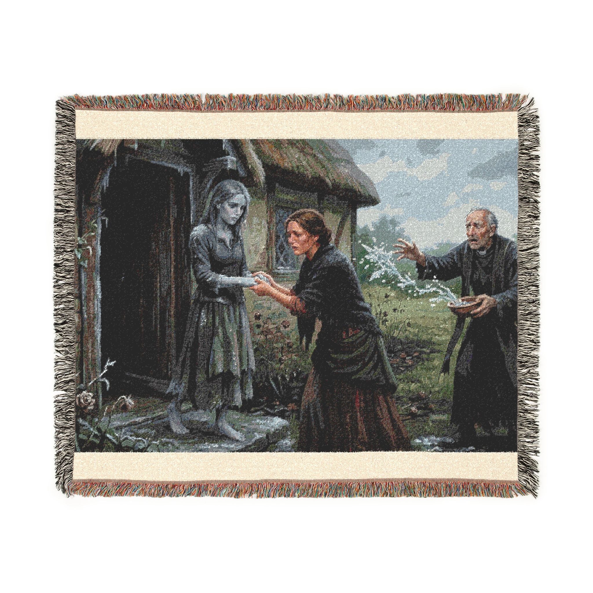 Woven Blanket: Vintage Storybook Cottage Scene Throw