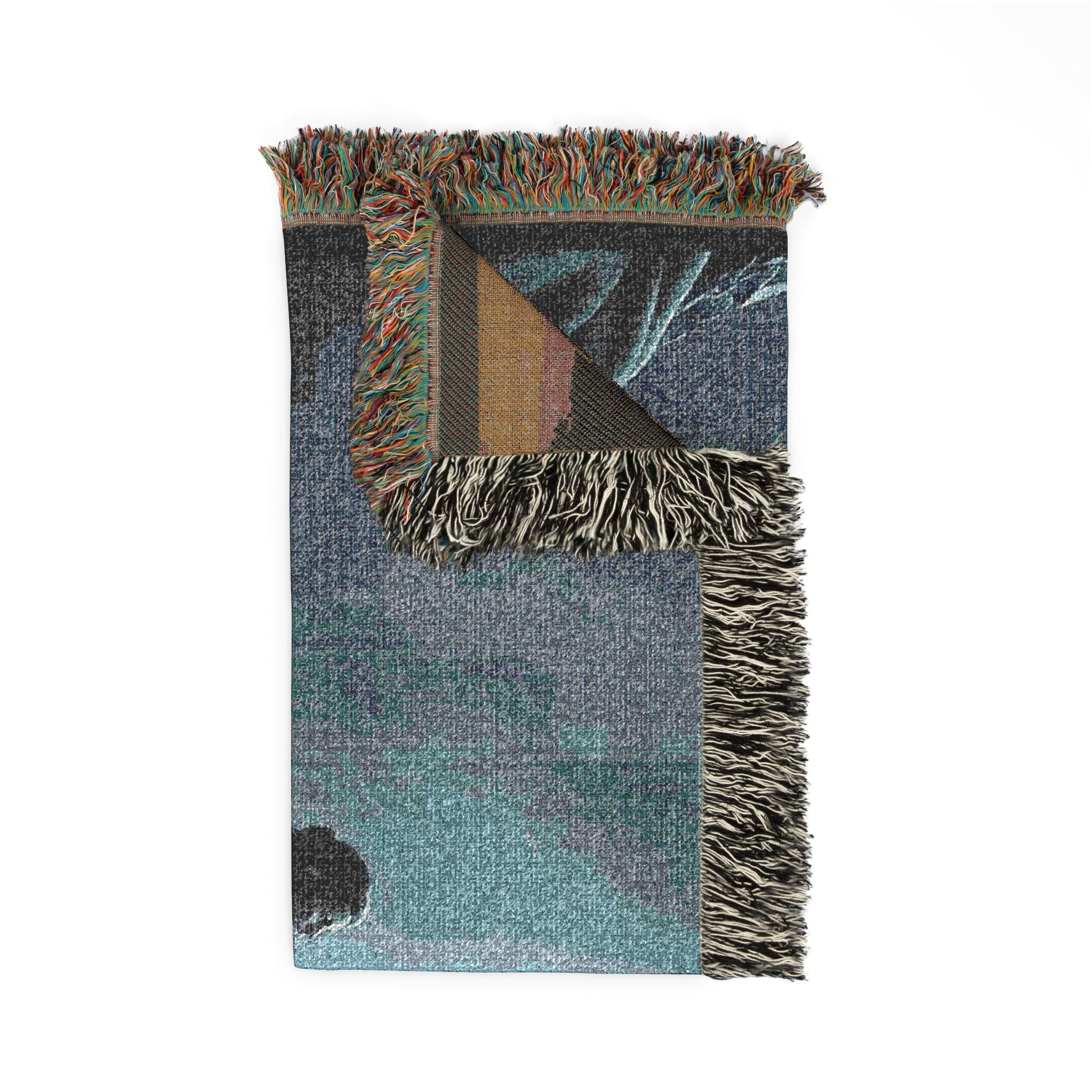 Adventure Scene Woven Blanket — Explorer Silhouette by Waterfall/Volcano