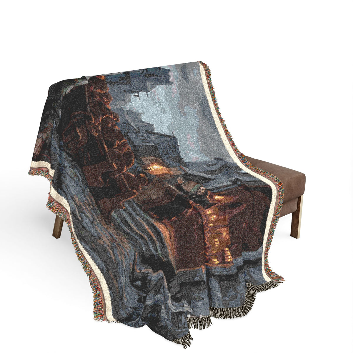 Lantern-Lit Streets Woven Blanket — Hooded Wanderer Medieval Night Throw