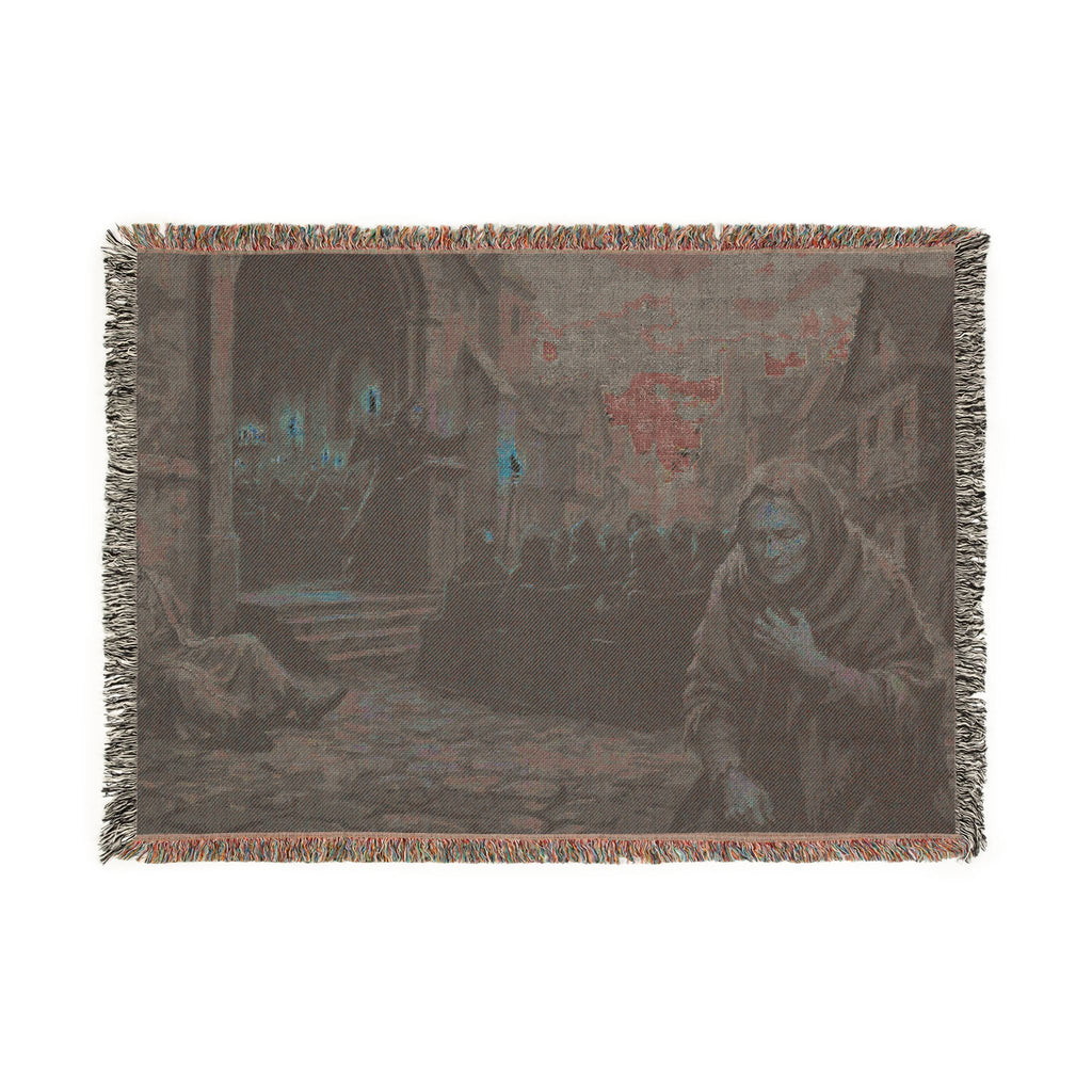 Lantern-Lit Streets Woven Blanket — Hooded Wanderer Medieval Night Throw