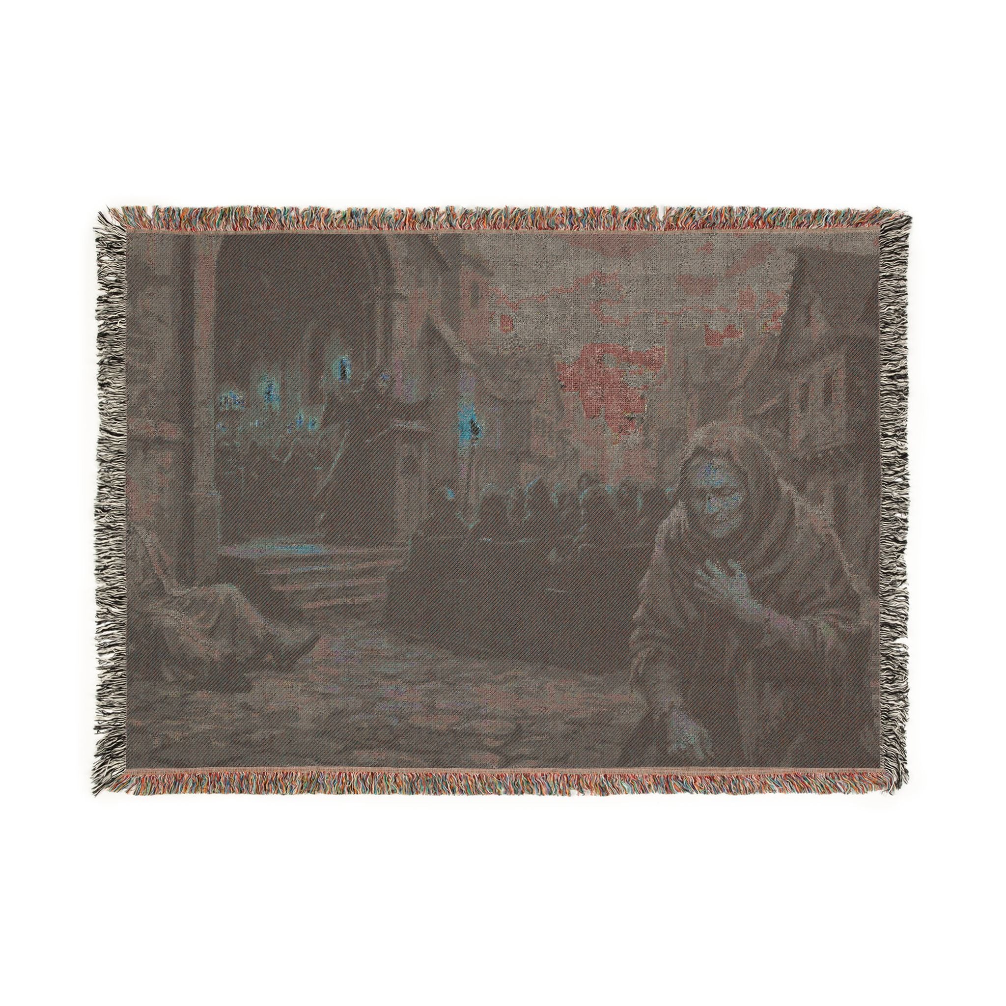 Lantern-Lit Streets Woven Blanket — Hooded Wanderer Medieval Night Throw