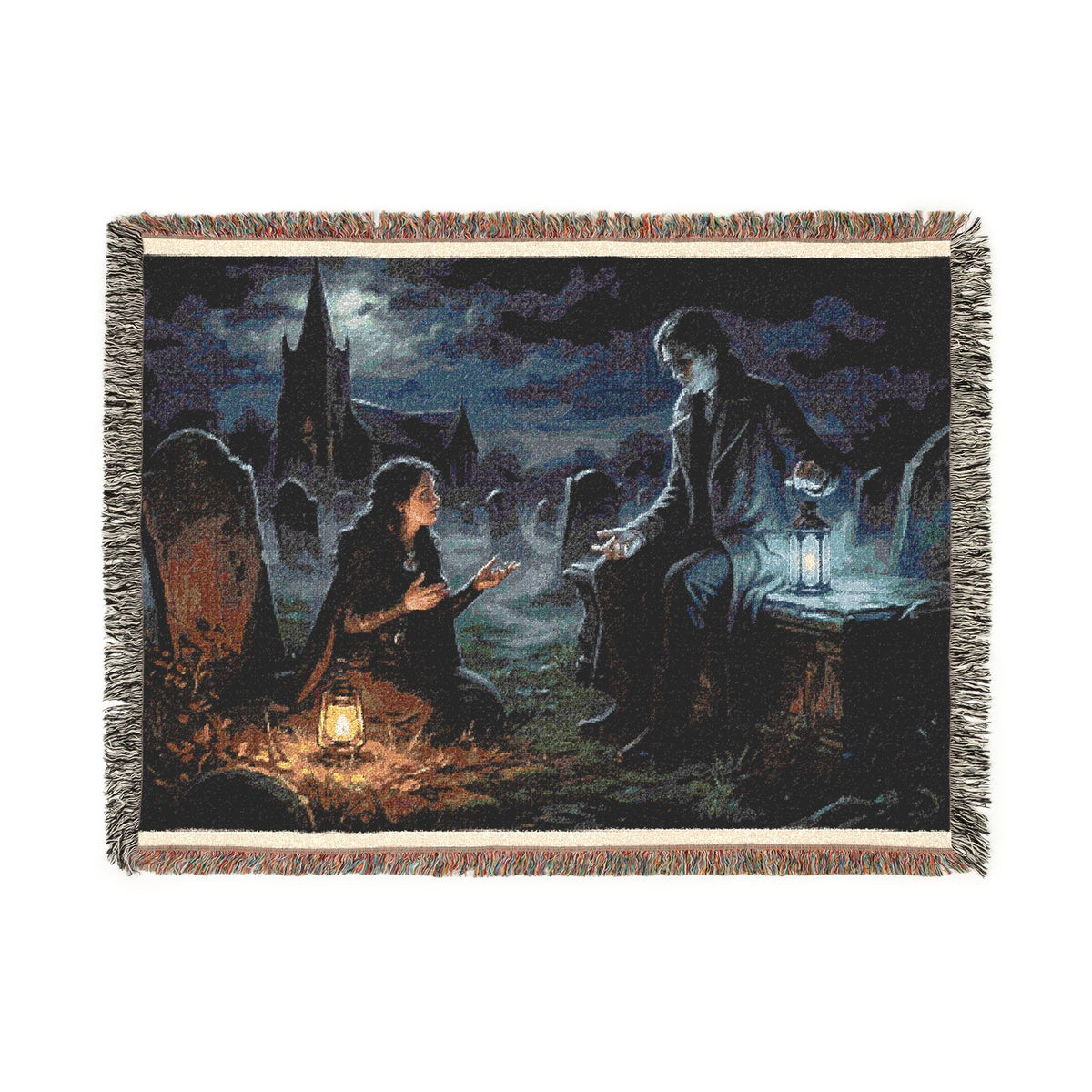 Gothic Night Woven Blanket — Moonlit Cemetery Scene Throw
