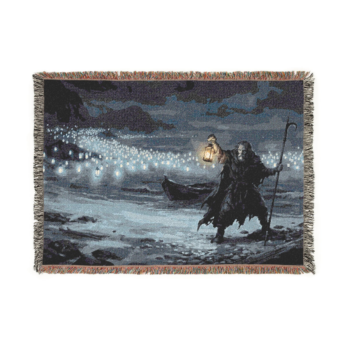 Grim Reaper Lantern Woven Blanket — Gothic Night Cemetery Throw