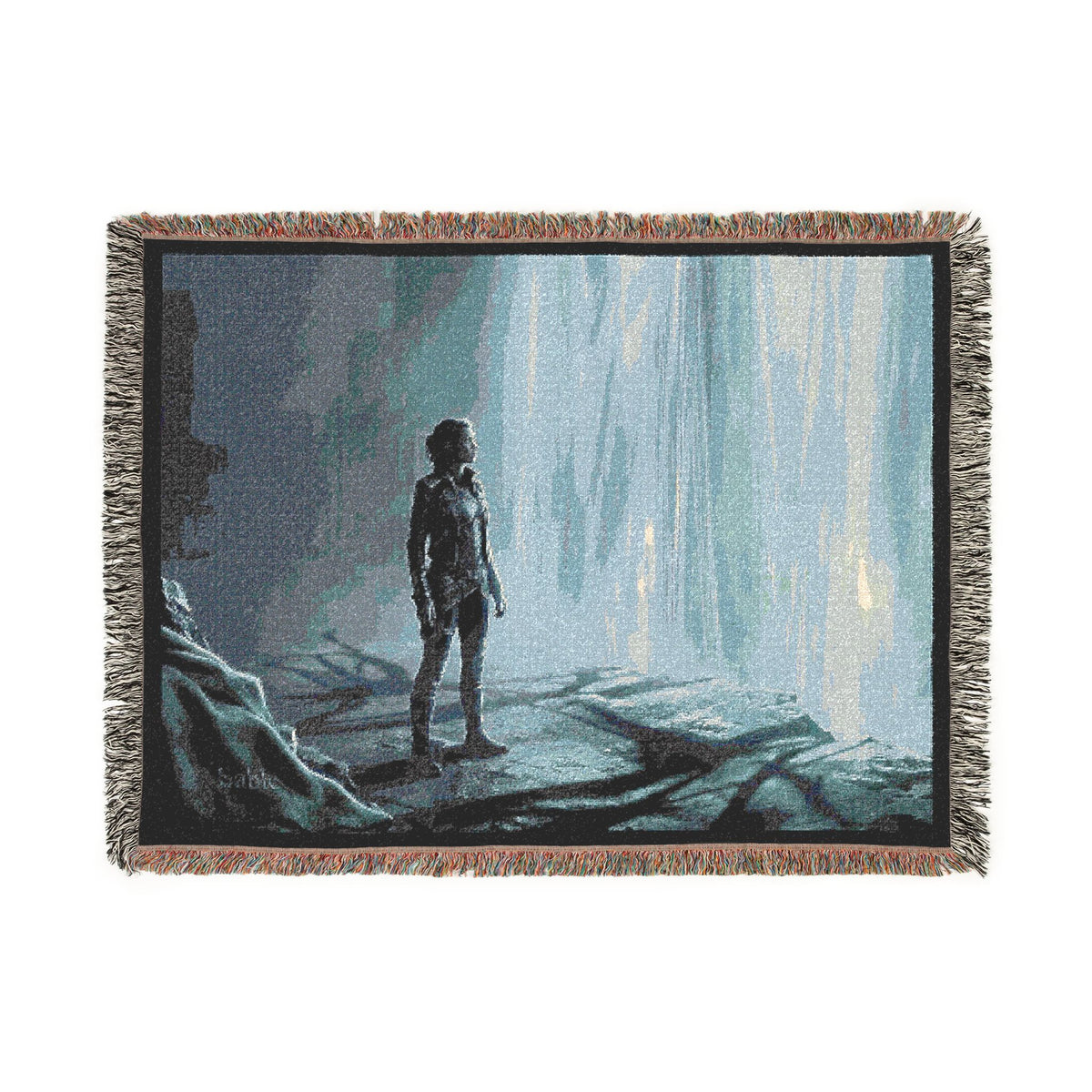 Adventure Scene Woven Blanket — Explorer Silhouette by Waterfall/Volcano