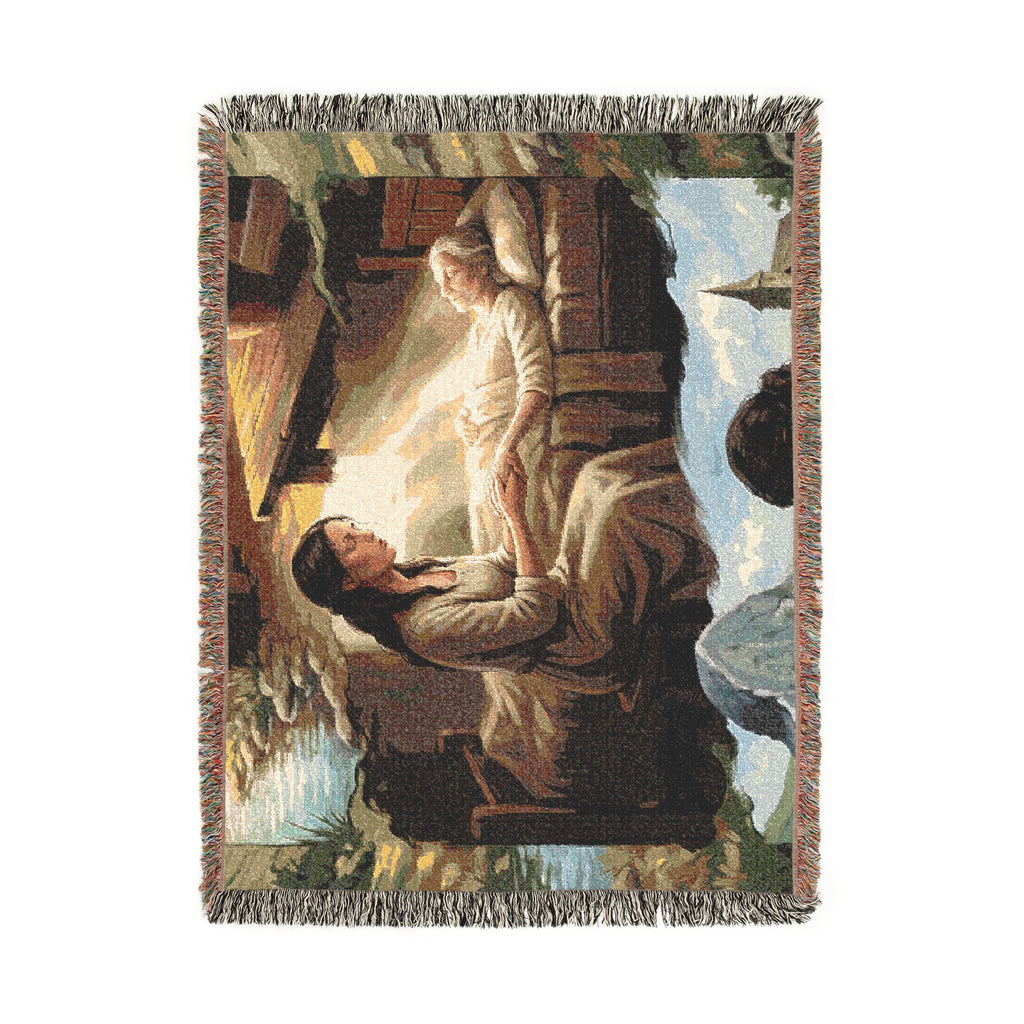 Religious Nativity Woven Blanket — Mary & Baby Jesus Tapestry Throw
