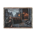 Lantern-Lit Streets Woven Blanket — Hooded Wanderer Medieval Night Throw